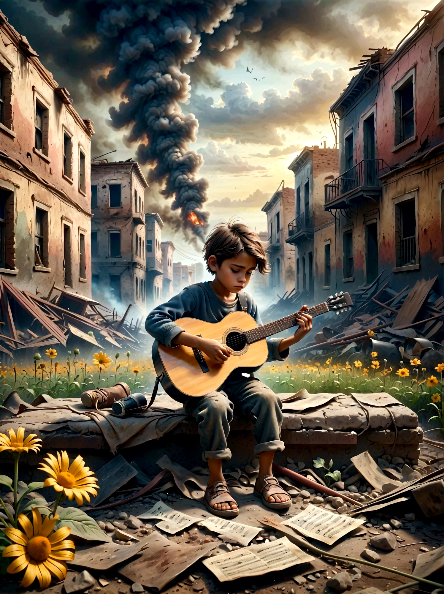 In the midst of a war-torn, smoky ruin, a  child is playing a guitar, (A tenacious little flower grows at the child&#39;s feet), The scene captures the stark contrast between the devastation of the surroundings and the innocence of the child. The ruins are filled with debris and remnants of buildings, with smoke and fire in the background. The child's expression is somber, reflecting the harsh reality of the situation. The overall mood is poignant and emotional, with muted colors and dramatic lighting to emphasize the desolation and the glimmer of hope represented by the music.