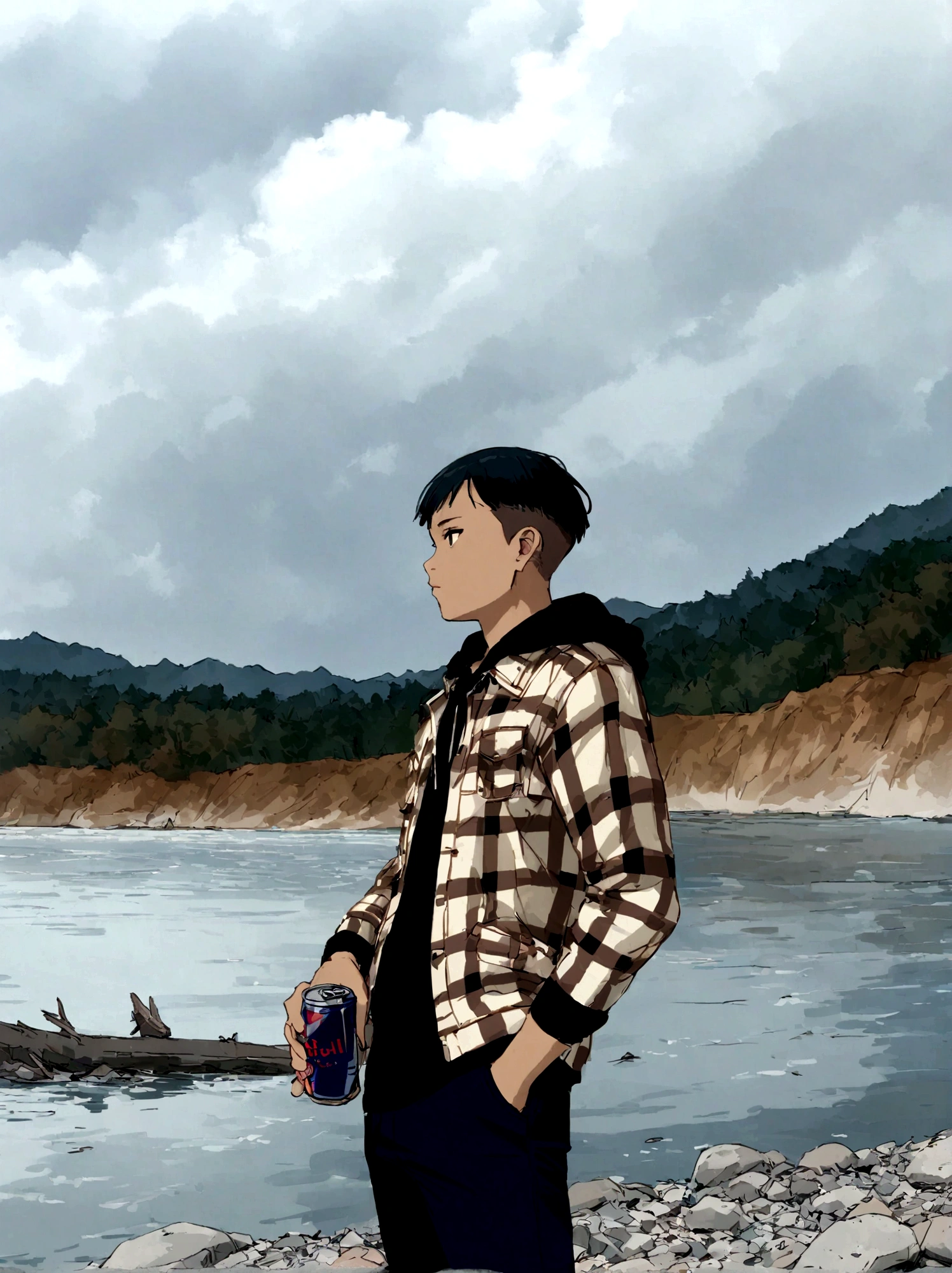 A person stands on a rocky riverbank holding a can of Red Bull. They are dressed in a black hoodie layered under a white and brown plaid jacket. The individual looks off to the side, with one hand in their jacket pocket. In the background, there is a calm river, forested hills, and a cloudy sky.