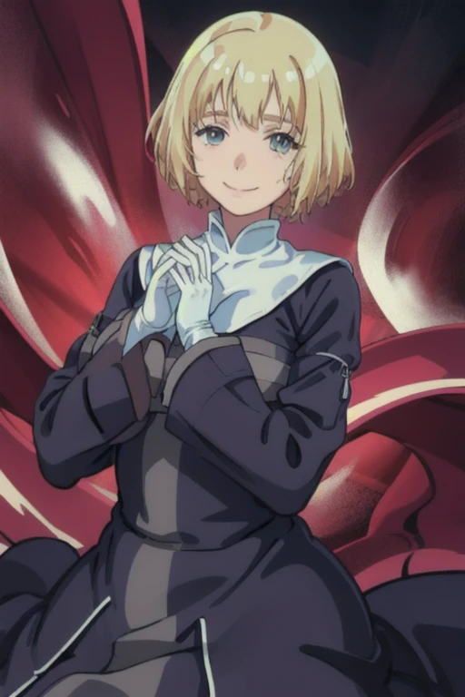 Solo, nun, smile, blonde hair, vail hair. long skirt, long sleeves, sleeves cover her hands, white gloves,