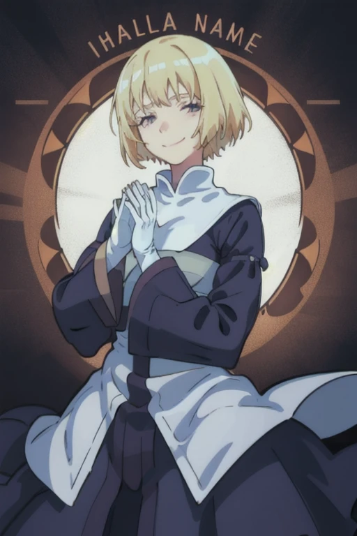 Solo, nun, smile, blonde hair, vail hair. long skirt, long sleeves, sleeves cover her hands, white gloves,