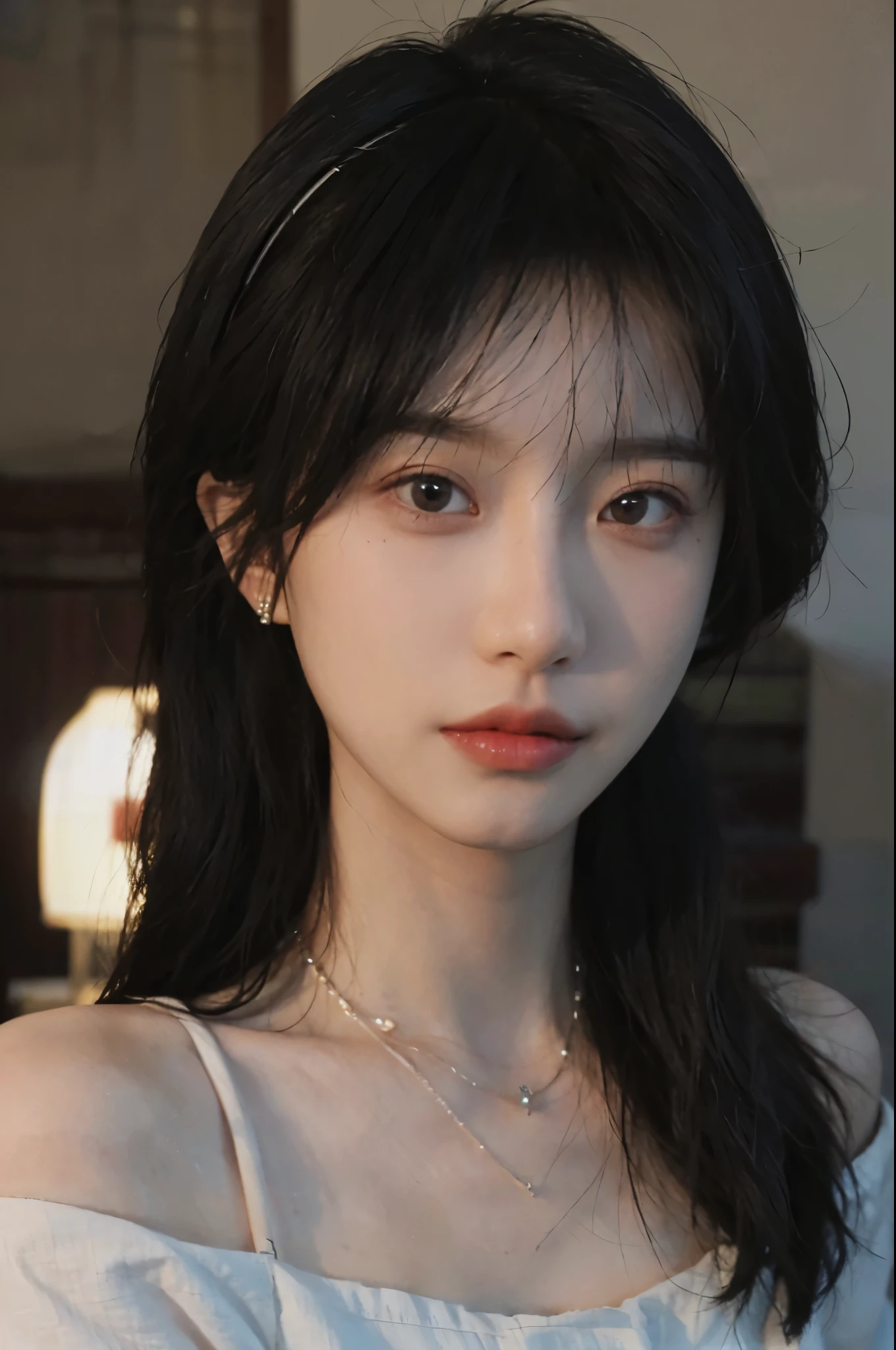 Portrait photography，1 girl，Bare shoulders，Lipstick，（Big breasts：1.4），Shoulder-Length Wavy Hair，Wear a necklace，Hairband，earrings，Short sleeve，serene，calm，(Realistic and detailed eyes，Natural skin texture，Realistic facial details)Soft theatrical lighting，Depth of field bokeh，Vibrant details，Detailed and detailed，Surreal,35mm，hazy，，