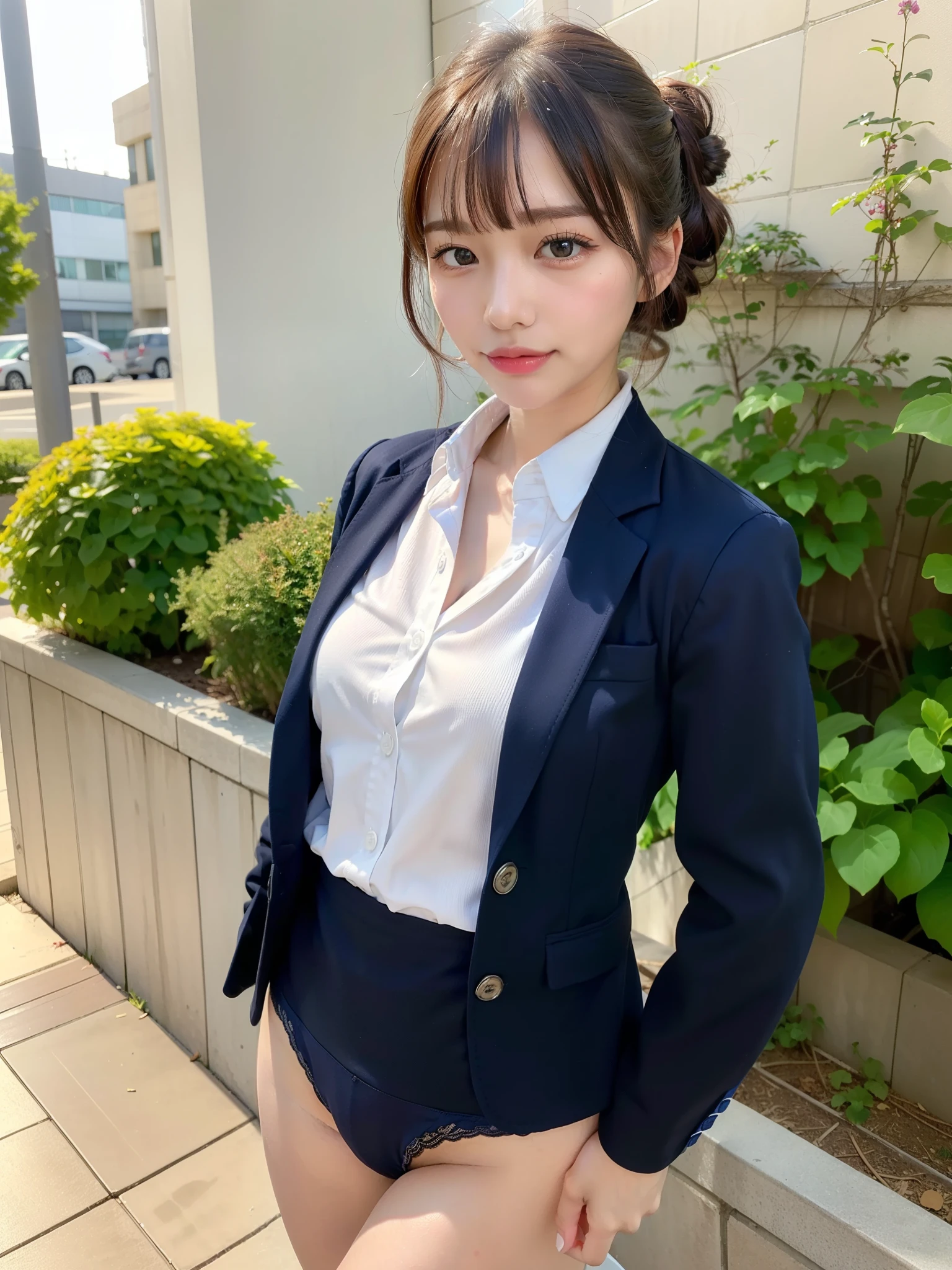 ((Best of the highest quality, 8k, Masterpiece: 1.3, raw photo)), Sharp focus: 1.2, (1 AESPA, slim body type female, 21 y/o: 1.1), (Solo: 1.2), (realistic, photo-realistic:1.37), face focus, cute face, finely eyes, (droopy eyes: 1.32), (Emphasize prominent aegyo-sal with bright: 1.2), shimmering eyeshadow applied under the lower lash line, paired with thick, (from behind: 1.16), (small breasts, flat chest, Thigh: 1.3), (short messy hair, bangs, updo: 1.2), (wearing navy blazer and shirt of school uniform, neat panties: 1.32), walking terrace office, sun light, flower