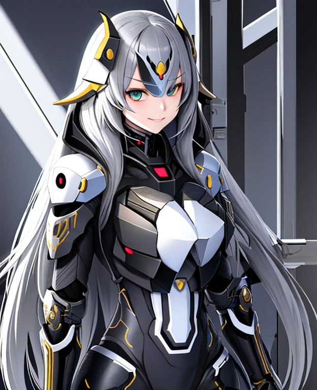 Armoured girl, realistic, long hair, black robotics, smile,