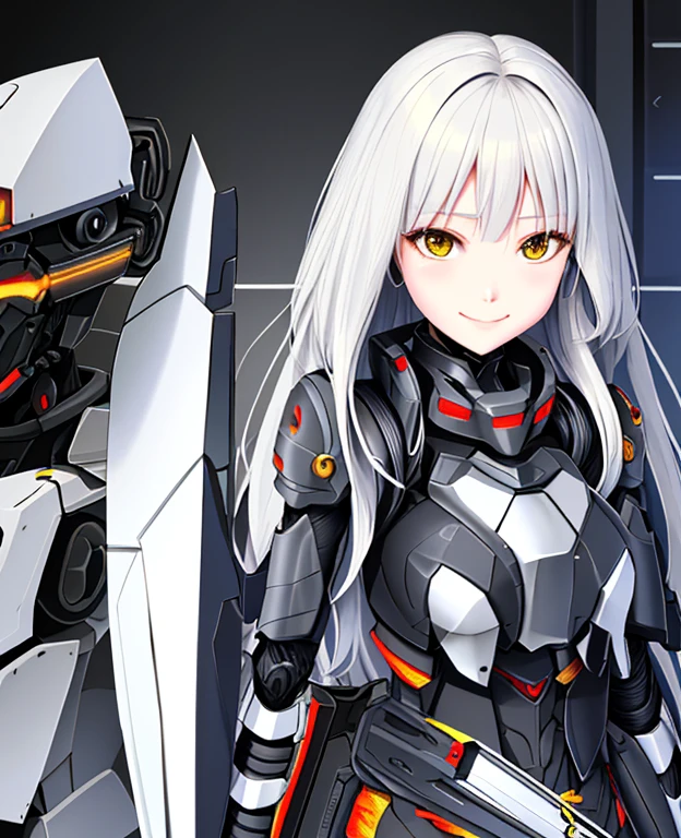 Armoured girl, realistic, long hair, black robotics, smile,