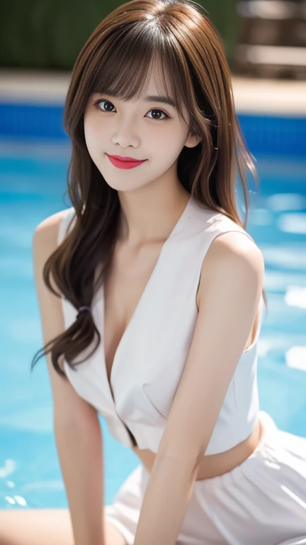 highest quality、8k wallpaper、Reality:1.4、Photographed by a professional photographer、Cinema Lighting、View your viewers、background:Blurred night swimming pool、1 beautiful girl、Japanese Idol、18-year-old、Beautifully detailed eyes、Detailed face、Beautiful Skin、Slender、Slim waist、Thin legs、Red lipstick、Blonde: 1.5、Fancy hairstyle、The light is shining on her hair、Asymmetrical bangs、Sailor suit 、smile:1.5、I can see your chest、Seductive pose