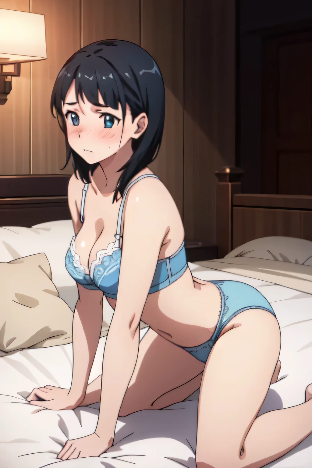 Very detailedな, Very detailed, 8k, A hyper-realistic portrait of Naoha Kirigaya, beautiful girl,  On all fours in bed, looking back, Luminous effect, Detailed blue bra and panties, whole body,Super detailed,Very high quality, Embarrassed,Blushing,