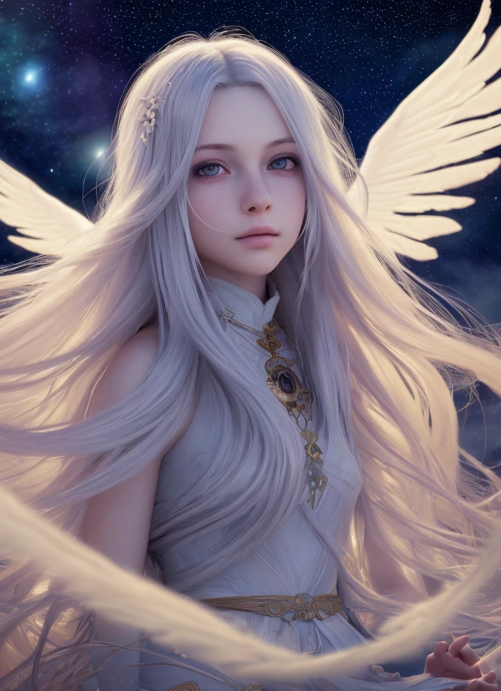 1girl, standing on earth, looking up at night sky, shimmering stars, beautiful detailed eyes, beautiful detailed lips, extremely detailed eyes and face, long eyelashes, serene expression, vibrant colors, dynamic composition, tranquil, (best quality,4k,8k,highres,masterpiece:1.2),ultra-detailed,(realistic,photorealistic,photo-realistic:1.37),animal cosplay,white long hair,FINAL FANTASY,kawaii Japanese,animal eyes,fantasy,dreamy,ethereal,magical realism,soft lighting,glowing,detailed background