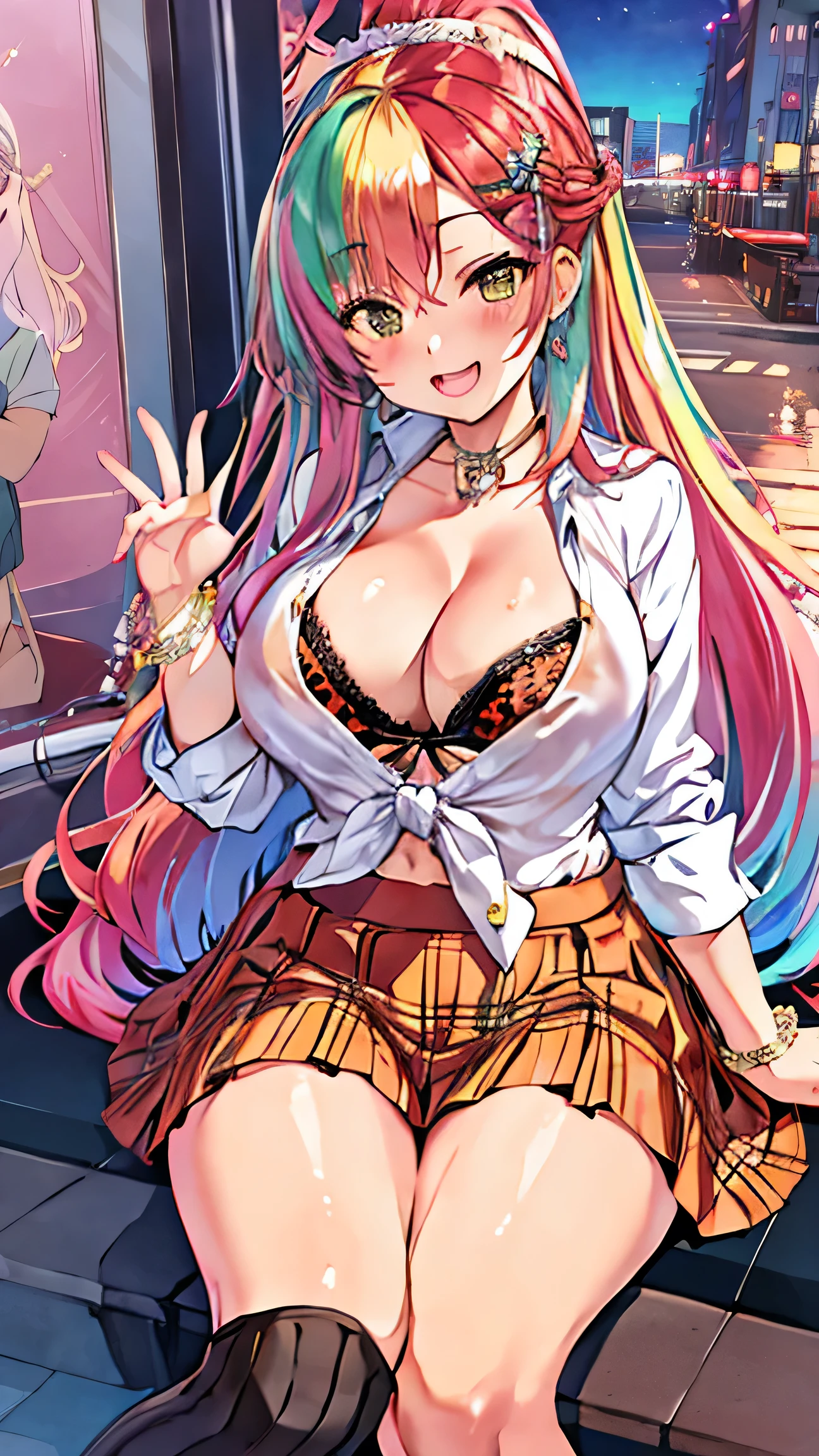  (best quality), (very aesthetic), (ultra-detailed), (best illustration), gal, gyaru, solo, 1 dog, Rainbow hair,long hair, messy hair, randomcolor eyes, large breasts, candy striped dress shirt, pleated skirt,Tokyo,Fancy city,laugh with open mouth