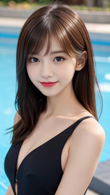 highest quality、8k wallpaper、Reality:1.4、Photographed by a professional photographer、Cinema Lighting、View your viewers、background:Blurred night swimming pool、1 beautiful girl、Japanese Idol、18-year-old、Beautifully detailed eyes、Detailed face、Beautiful Skin、Slender、Slim waist、Thin legs、Red lipstick、Blonde: 1.5、Fancy hairstyle、The light is shining on her hair、Asymmetrical bangs、 uniform、smile:1.5、I can see your chest、Seductive pose