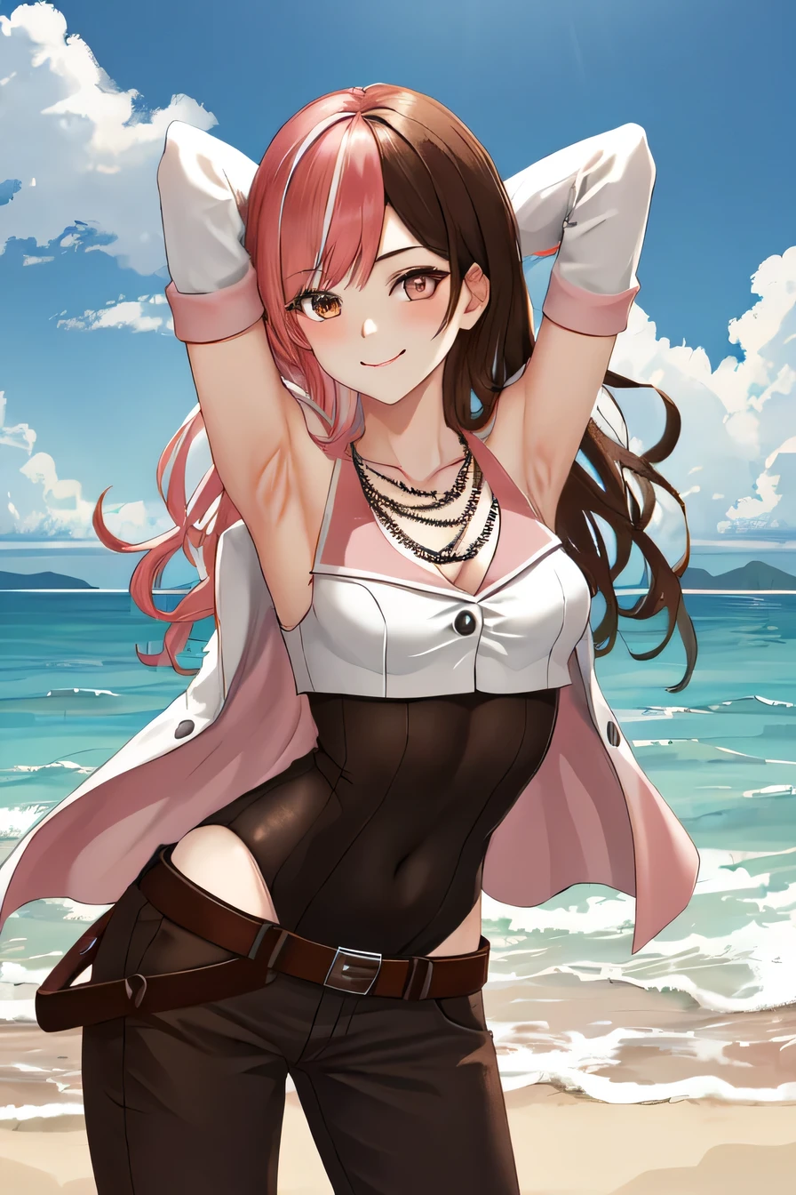 masterpiece, (detailed, highres, best quality), 1girl,  neopolitandef, necklace, white jacket, leotard, black gloves, black pants, belt, (cowboy shot:1.5), solo, night sky, beach, arms behind head, showing off armpits, contrapposto, spread armpits, looking at viewer, best quality, closed mouth, presenting armpit, sleeveless, smile,