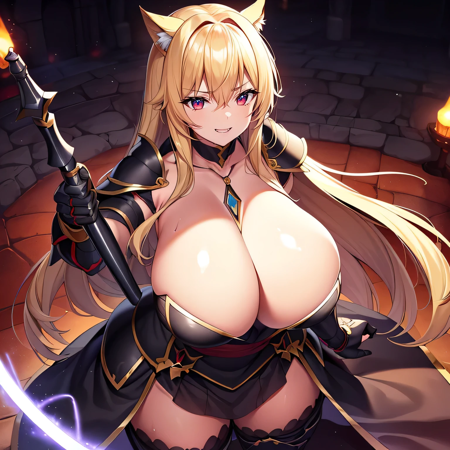 An incredible decision、Tabletop++,highest quality++,Ultra high definition++, Ultra high definition++,4K++,8k++,(Background Focus)++, Very detailed, Viewer Perspective、((A world of countless sword formationature woman in Full body Dark Knight Armor))++, ((1x Battle-ready Full body Dark Knight Armor)), ((((Battle-loving Full Body Dark Knight Armor))))++++,(Full body Dark Knight Armor)、(((Red decoration)))+++,(((A world of countless sword formations)))++++,(Fangs peeking out of the mouth)、((Ferocious smile))+ +,((necklace)) ++,((Dark Sword))++,(Thimble gloves) +,(Sharp eyes)、(Blonde)、 (Super shiny hair and skin), (sunlight),((beautiful)),(Huge _body: 1.5),(Huge breastsA muscular girl with clearly visible abs and muscles, Sweaty body, Cleavage, dynabdominal Cleansing and Shaving, Muscle Muscle Thigh) +, A cheerful smile, Perfect Eyes, Perfect hands, Perfect Nose, Magic Battle Dark, Bright atmosphere, (Wet Effect) +, (Light effects), (Cinematic Light) + , (Like a movie of light) +