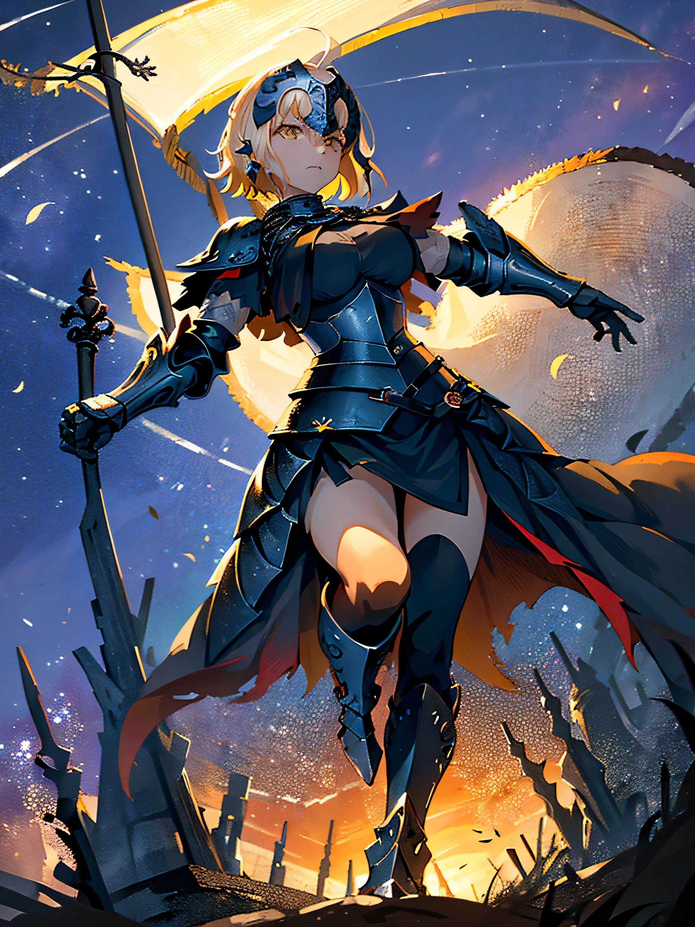 ((masterpiece)), (((HDR))), ((best quality)), (ultra high quality), (hi-res), ((absurdres)), (cowboy shot), ((1woman)), (A2nd, 1.1Clothing), short blonde hair, straight hair, ((armor, headpiece, leg armor)), ((skirt)), holding sword, holding flag, annoyed expression, looking at camera, ((strong pose)), outside a castle, trees, nighttime, additional lighting, moon,