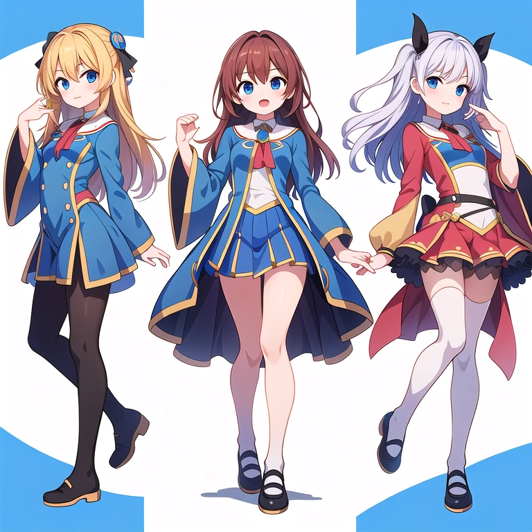 (stand posture), cute eyes, 3 girls, magic uniform, solo, ((white background)), (full body), multiple views,