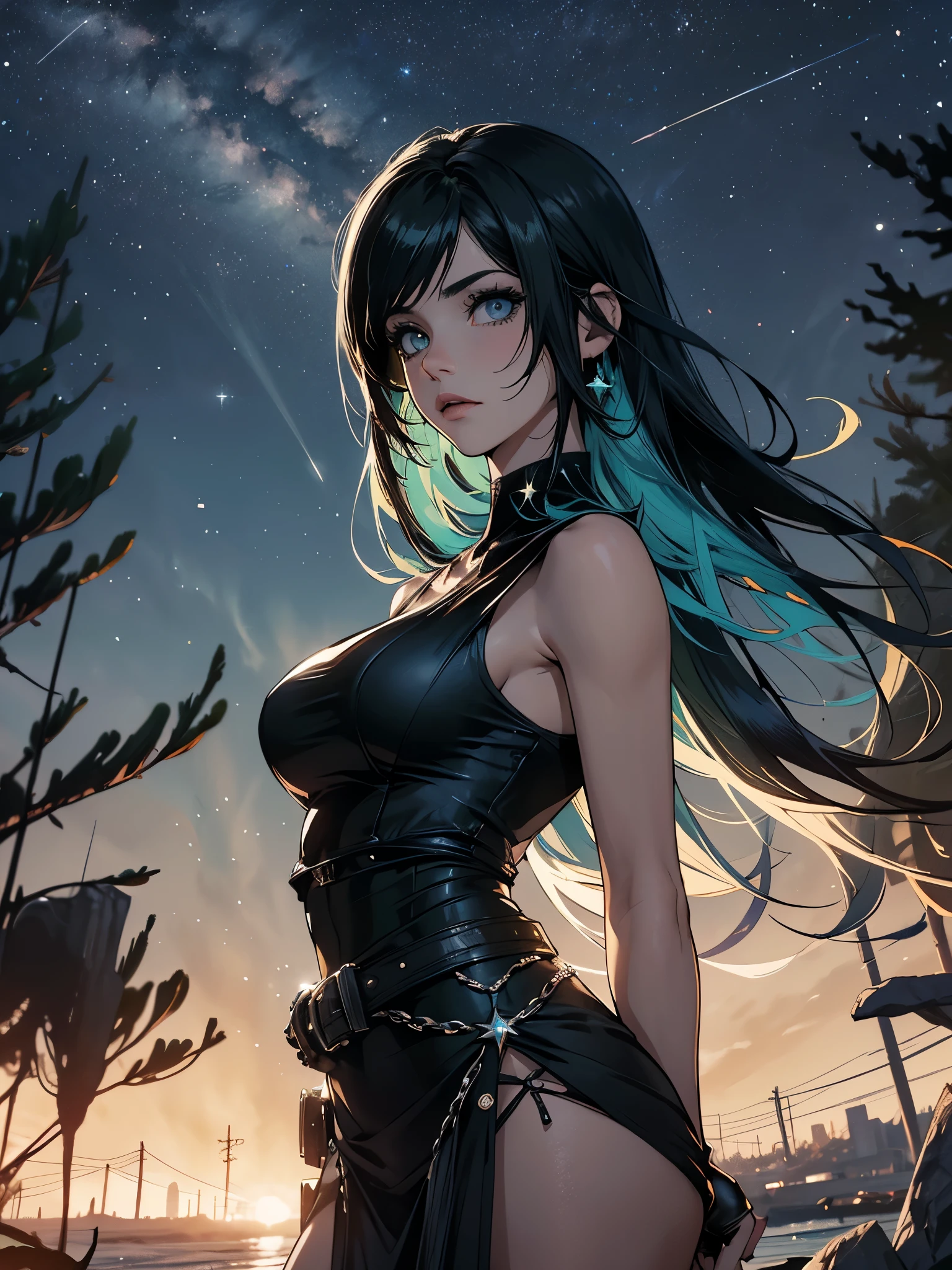 Tifa lockhart, estilo mksks, (fundo muito detalhado:1.0), (fundo altamente detalhado:1.0), Final Fantasy VII Remake, (olhos vermelhos), 1 garota, Ombros nus, aqua dress, cabelo preto, vestido verde, sem mangas dress , summer dress, casa, cabelo longo, noite, noite sky, boca aberta, ao ar livre, rabo de cavalo, sentado, sky, sem mangas, sem mangas dress, star (sky), starry sky, cidade, envelheceu, Seios pequenos, ((babados brancos)), (vestido branco), 