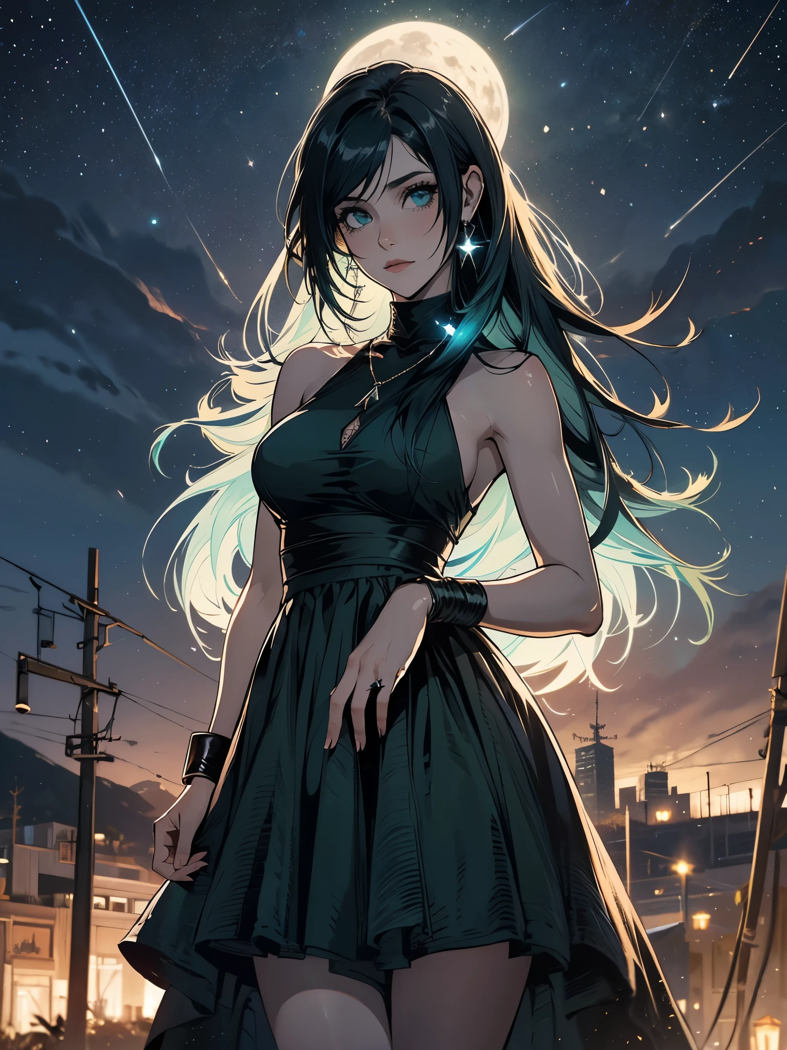 Tifa lockhart, estilo mksks, (fundo muito detalhado:1.0), (fundo altamente detalhado:1.0), Final Fantasy VII Remake, (olhos vermelhos), 1 garota, Ombros nus, aqua dress, cabelo preto, vestido verde, sem mangas dress , summer dress, casa, cabelo longo, noite, noite sky, boca aberta, ao ar livre, rabo de cavalo, sentado, sky, sem mangas, sem mangas dress, star (sky), starry sky, cidade, envelheceu, Seios pequenos, ((babados brancos)), (vestido branco), 