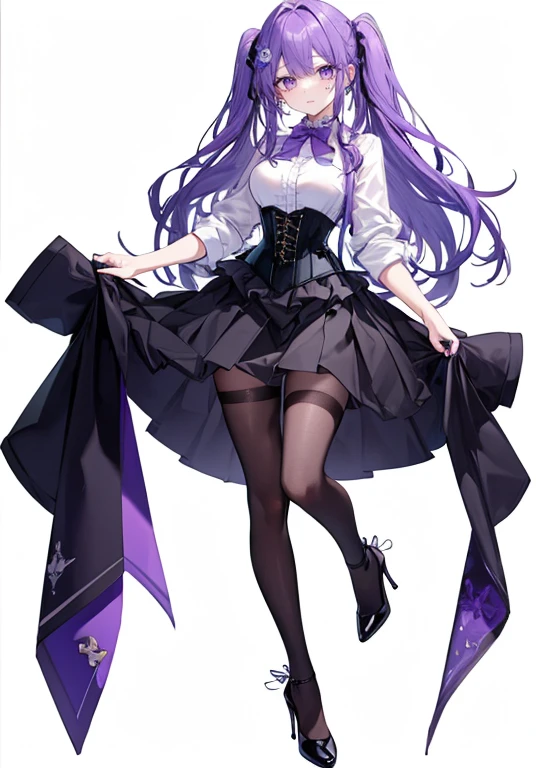 Purple Hair,Long Hair,Adult female,White Y-shirt,((Roll up her sleeves)),(((Roll up your sleeves))),(corset),(Black tight skirt),(High heels),((A simple, blank white background)),smile,((full body)),((whole body)),