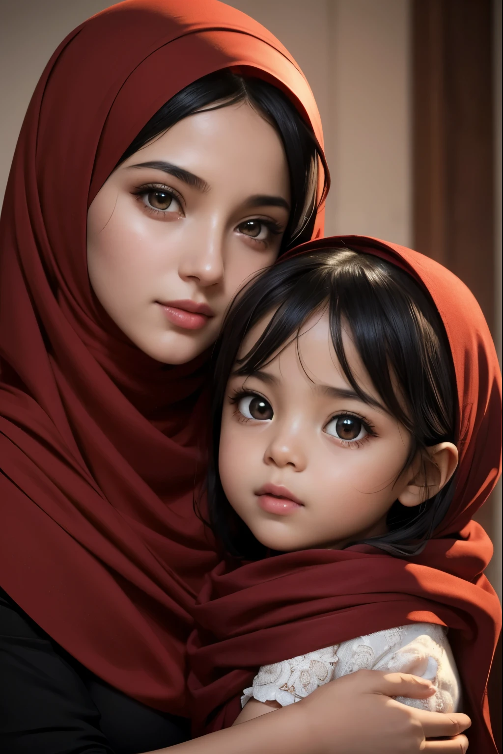 a young mother wearing a red hijab,her daughter with sweet black hair,closeup,detailed portrait,beautiful detailed eyes,beautiful detailed lips,extremely detailed face and skin,tender embrace,loving expression,soft lighting,warm colors,cinematic,high quality,photorealistic,masterpiece