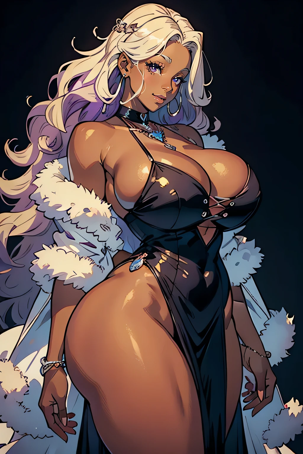 highest quality, Solo Mature, Huge breasts, Huge Ass, Very curvaceous, Very dark skin, Long ash blonde hair with curls, Amethyst Eyes, Fuller lips, Fascinating, smile, Low Cut Dress, choker, White fur coat, Diamond Earrings, Thick thighs, Curvaceous physique