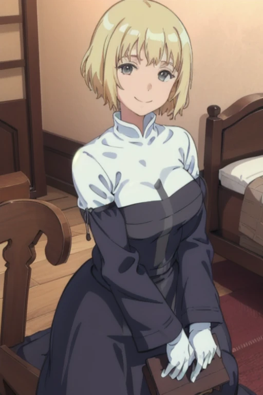 Girl1, Solo, nun, smile, blonde hair. long skirt, long sleeves, white gloves, bedroom 