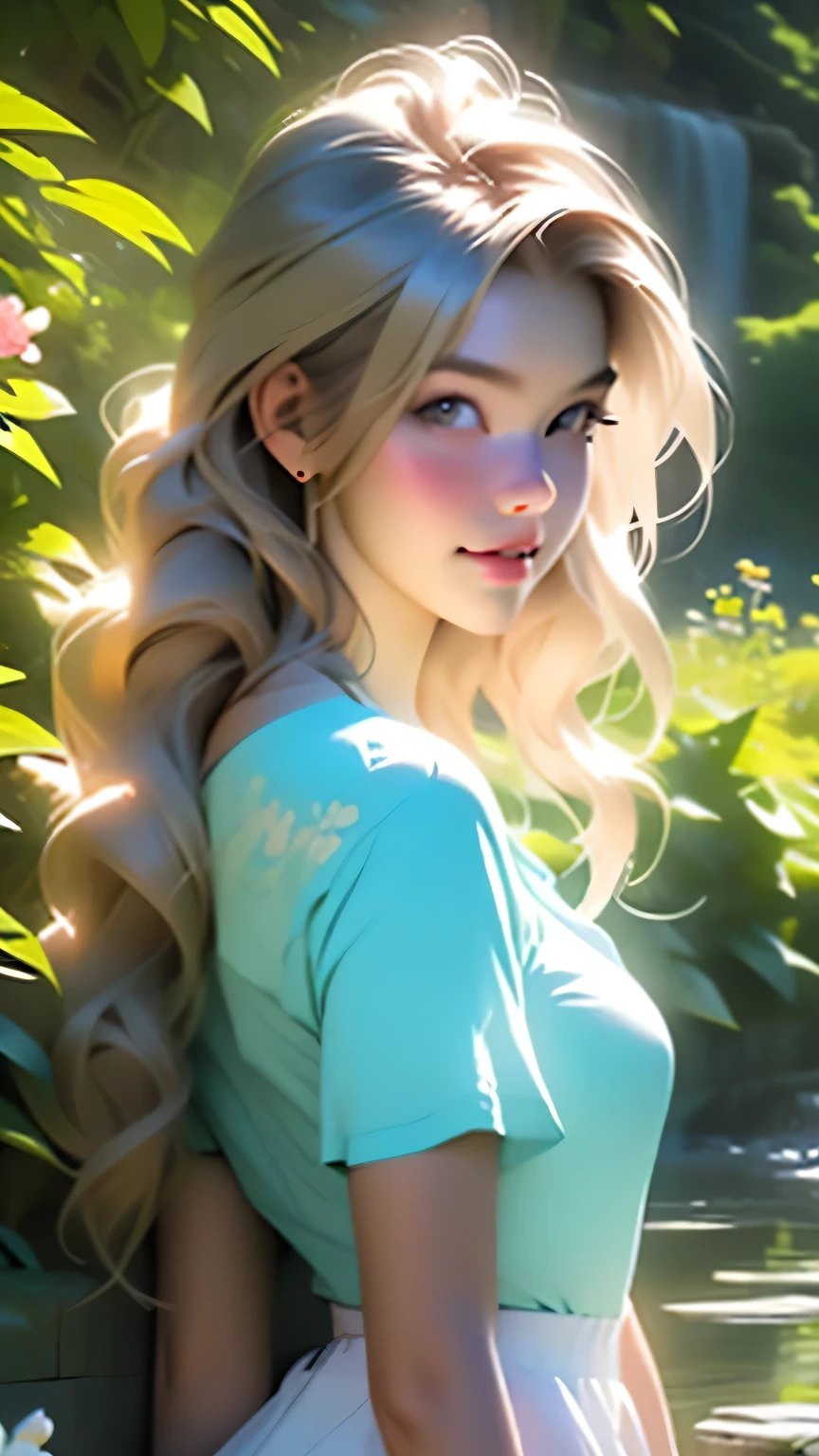 Pixel Art Generates beautiful and serene garden images, With colorful flowers, Gentle creek, and the sounds of nature. Showing calm, Life, And the beauty of a perfect day. {high quality}, Octane Rendering, Ultra HD, Depth of written boundary, amazing, Cinematic,One girl, Cute Face, alone, feiyufu, masterpiece, 最high quality, high quality, High resolution, Big Tits, ((Upper body portrait)), Pastel blue short skirt､White shirt