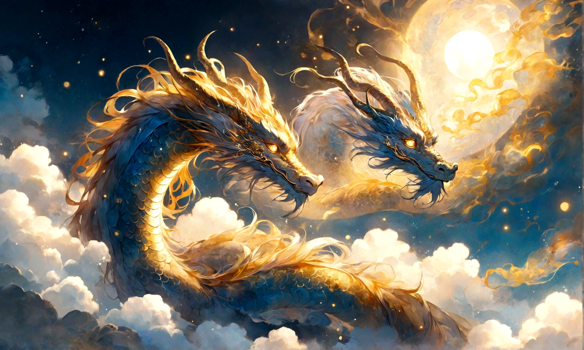 white dragon god, gentle gaze, fantastic background, moonlight background, sea of clouds background, golden splashes, mysterious, divine light, mythical creature, traditional Chinese dragon, myth, speckled light, hazy haze, mysterious aura, masterpiece, fantastic, elegant dragon, good fortune, fantasy art