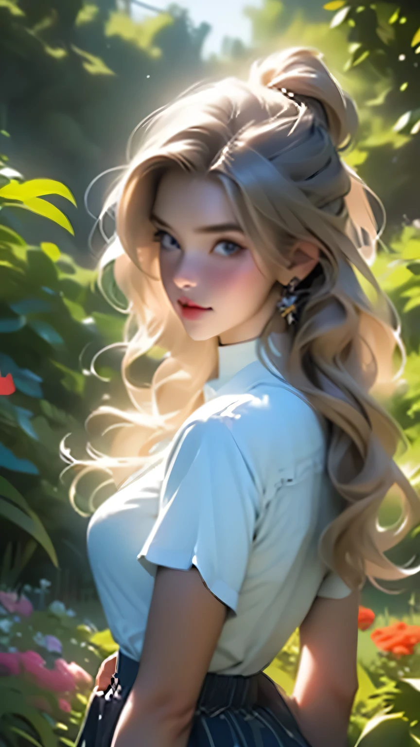 Pixel Art Generates beautiful and serene garden images, With colorful flowers, Gentle creek, and the sounds of nature. Showing calm, Life, And the beauty of a perfect day. {high quality}, Octane Rendering, Ultra HD, Depth of written boundary, amazing, Cinematic,One girl, Cute Face, alone, feiyufu, masterpiece, 最high quality, high quality, High resolution, Big Tits, ((Upper body portrait)), Pastel blue short skirt、White shirt