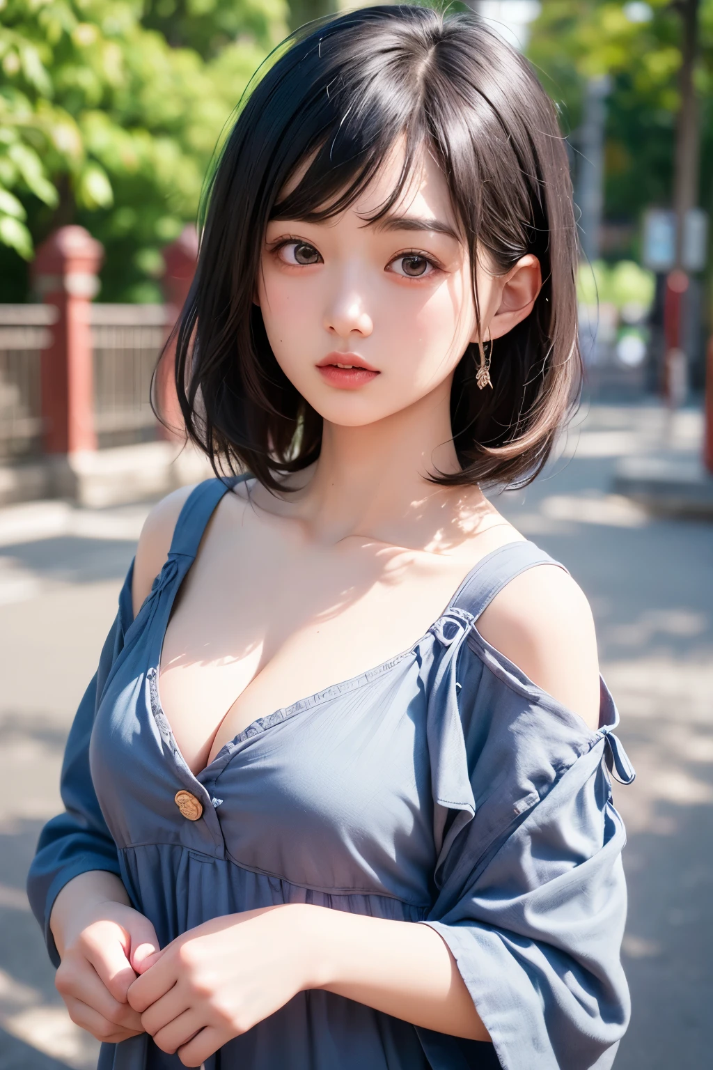 (1 nogizaka girl,raw photo,photo realistic:1.5),(best quality, high quality,HDR, highest quality,ultra high resolution,high resolution,high res,ultra high difinition,huge file size,8K,2K wallpaper,8K wallpaper,high quality texture,amazing,an extremely delicate:1.4),one girl, Japanese famous idol,beautiful face,small face,absurd,ridiculous,incredibly ridiculous,blurry background,(sundress,short hair,cleavage,no makeup:1.2),medium skin,beautiful skin,detailed skin,black hair,silky hair,detailed eyes,black eyes,Japanese nose,5-fingers,(Light Particles, Lens Flare, Luminous Particles: 0.7),looking at viewer,bright lighting,professional lighting,girl
