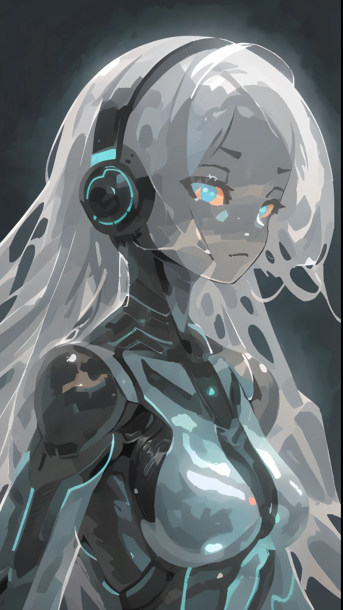 android woman,Translucent plastic body with frame,Carbon texture,Calm shining eyes,#1: Asymmetrical Spiky Hair,white hair, blue eyes,earphone,From wlop,Practical,8K,HDR,Cute girl, android girl, anime, Blue glow