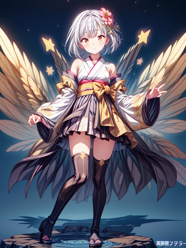 (((1girl)))、(Masterpiece, highest quality、ダイナミックなThe best composition、Official Art、ultra detailed),(Detailed Hair), Super detailed, Anime Style, whole body,starの妖精、vtuber-fullbody、(((highest quality、Masterpiece、The best composition、Golden Ratio、Official Art、Super detailed、Super detailedな目)))、ultra detailed, from front, headshot、 blue and white hair color、Short bangs above eyebrows、Short Hair、Standing in front of the viewer、着物とゴスロリをリメイクしたMilky Way柄の洋服で濃紺と水色を基調にした色、The sleeves are long and the hands are hidden、Knee-high boots、Pure white simple background、star、Milky Way、universe、流star群、frills, japanese clothes, hair flower,wide sleeves, kimono, white thighhighs, zettai ryouiki, floral print, skirt,detached sleeves,