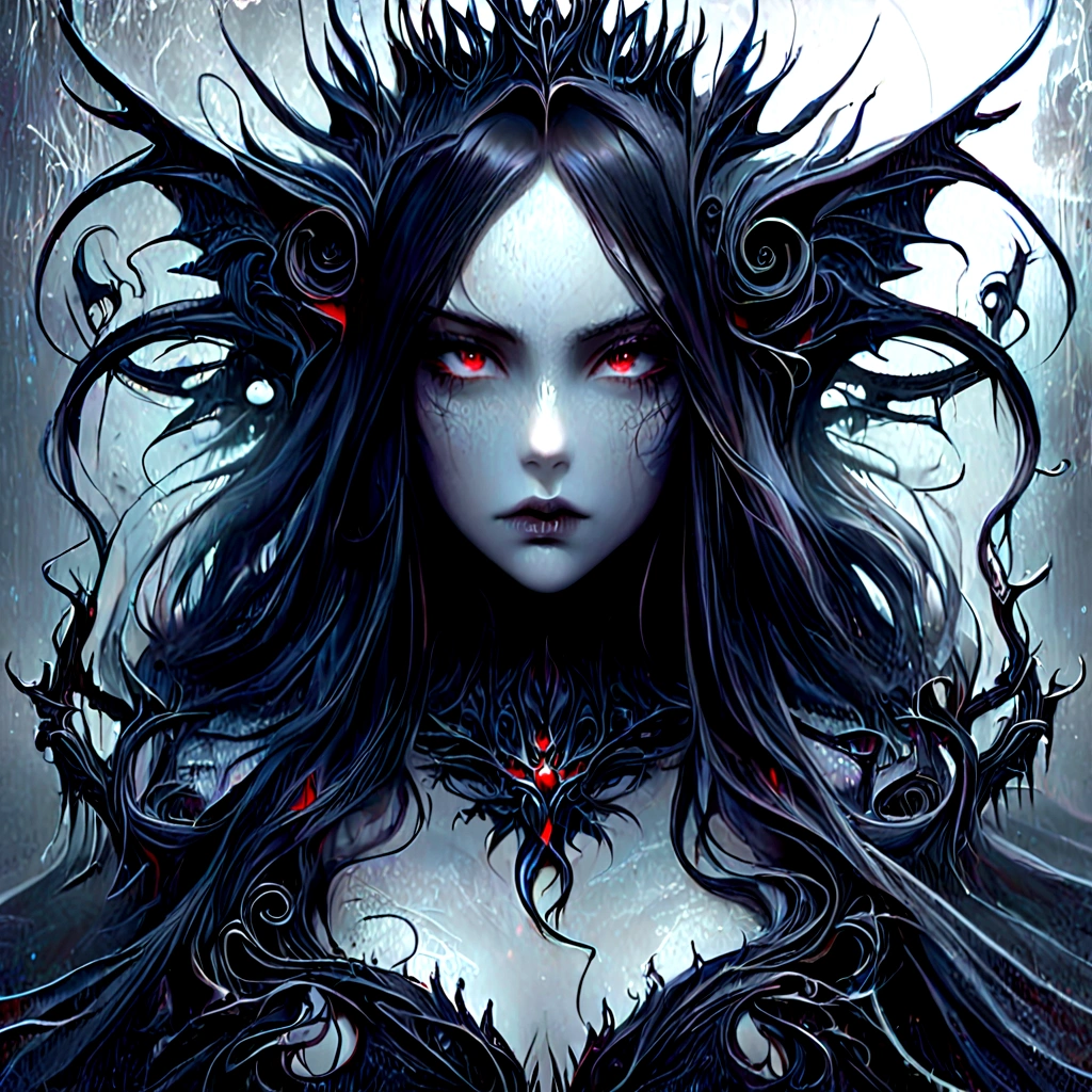 a woman with long black hair and red eyes wearing a crown, gothic fantasy art, gothic maiden of the dark, fantasy dark art, dark fantasy art, gothic art, dark goth queen, queen of darkness, beautiful elegant demon queen, gothic maiden, dark goddess with six arms, portrait of a dark goddess, beautiful succubus, dark goth queen with blue eyes