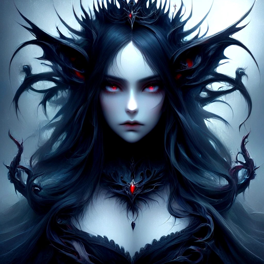 a woman with long black hair and red eyes wearing a crown, gothic fantasy art, gothic maiden of the dark, fantasy dark art, dark fantasy art, gothic art, dark goth queen, queen of darkness, beautiful elegant demon queen, gothic maiden, dark goddess with six arms, portrait of a dark goddess, beautiful succubus, dark goth queen with blue eyes