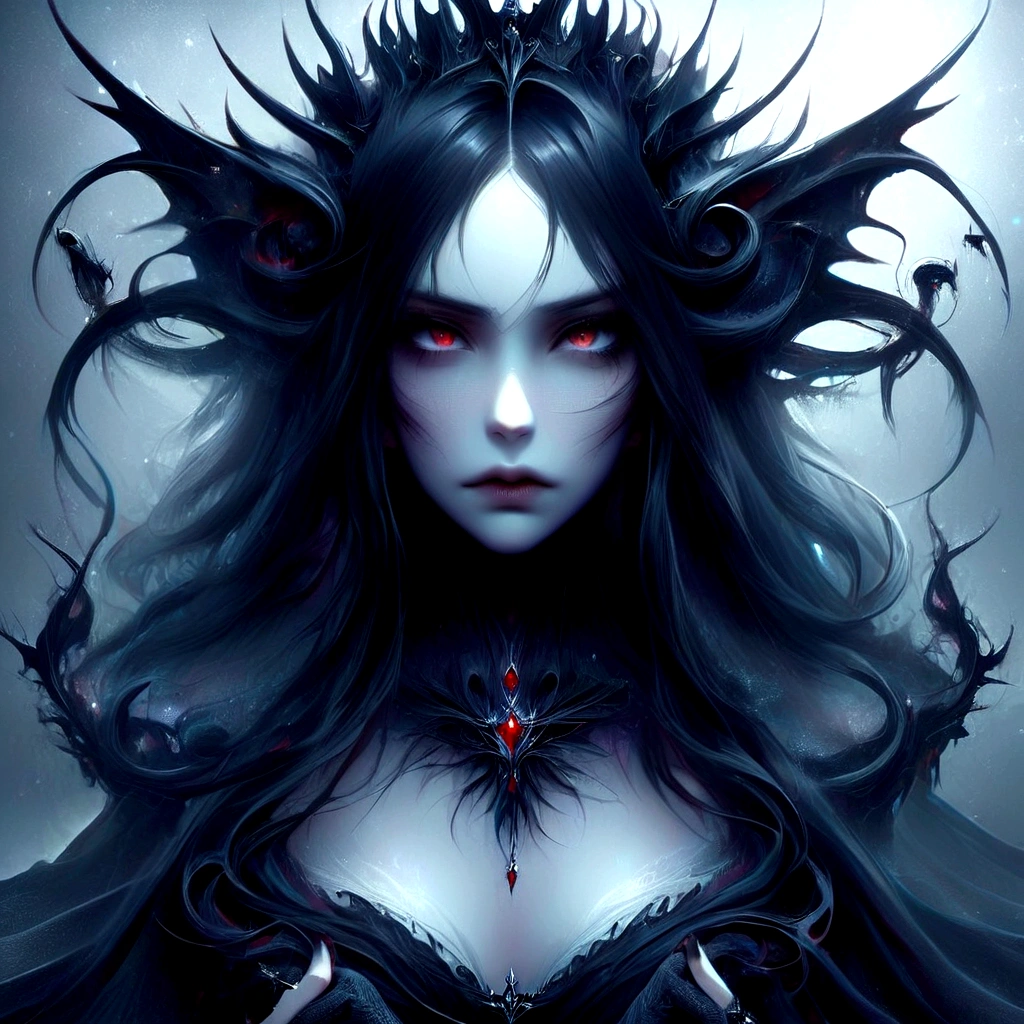 a woman with long black hair and red eyes wearing a crown, gothic fantasy art, gothic maiden of the dark, fantasy dark art, dark fantasy art, gothic art, dark goth queen, queen of darkness, beautiful elegant demon queen, gothic maiden, dark goddess with six arms, portrait of a dark goddess, beautiful succubus, dark goth queen with blue eyes