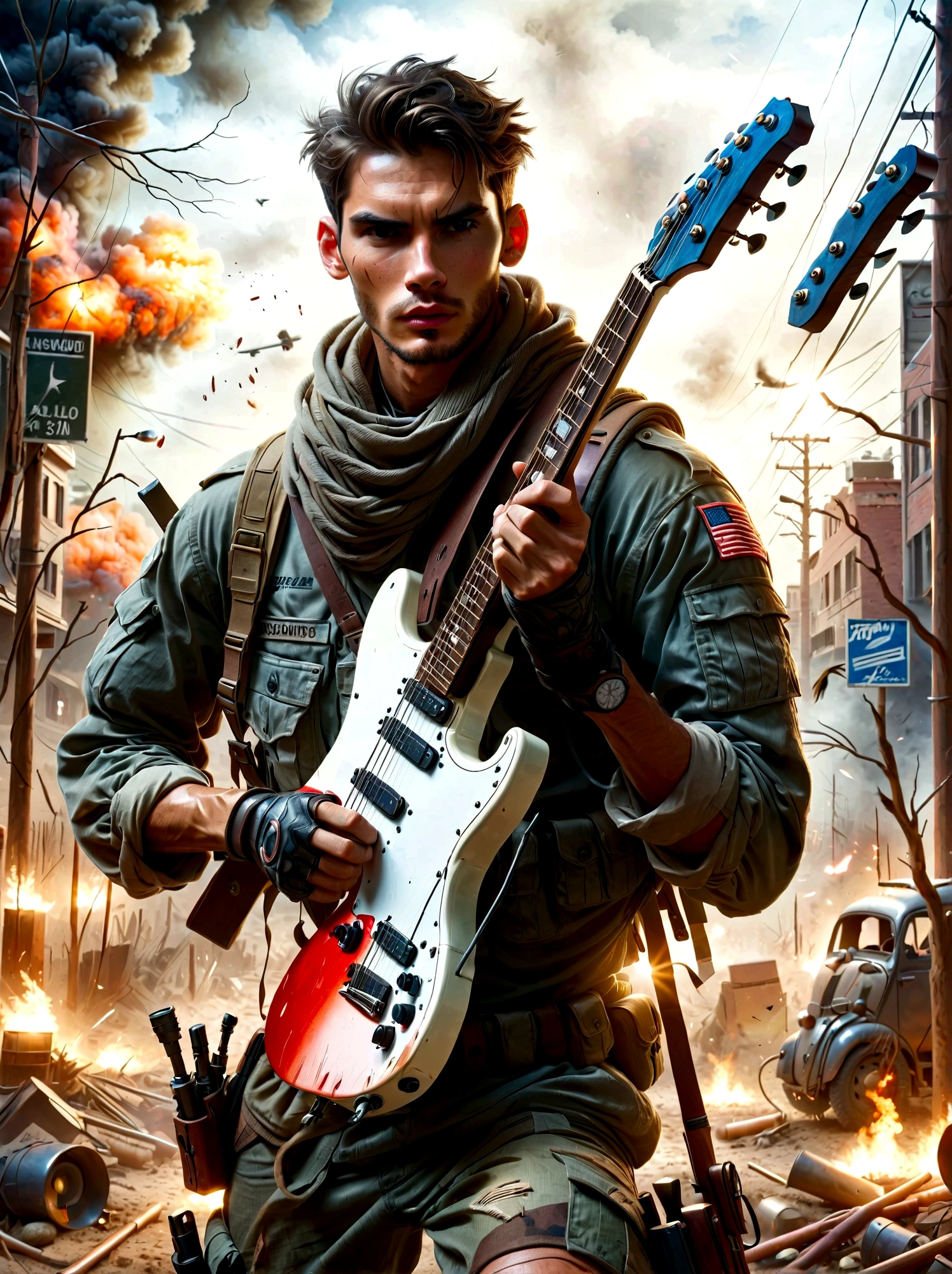 Brave soldiers,(holding an assault rifle: 1.3), (carrying a guitar on his back: 1.5), Fierce Battle,Battles with Israel's enemies,Harsh war conditions,Skirmishers,A month-long battle,battle scars,Shrapnel wounds,Medal of Honor,rugged terrain,Fierce Battle,Determined expression,Realistic details,War-torn environment,Heroic Act,Muddy and worn out,Smoke and debris,Dramatic lighting,Vivid colors,Highly detailed epic battle scenes,(masterpiece:2),best quality,Super high altitude,original,Extremely detailed,Perfect lighting。