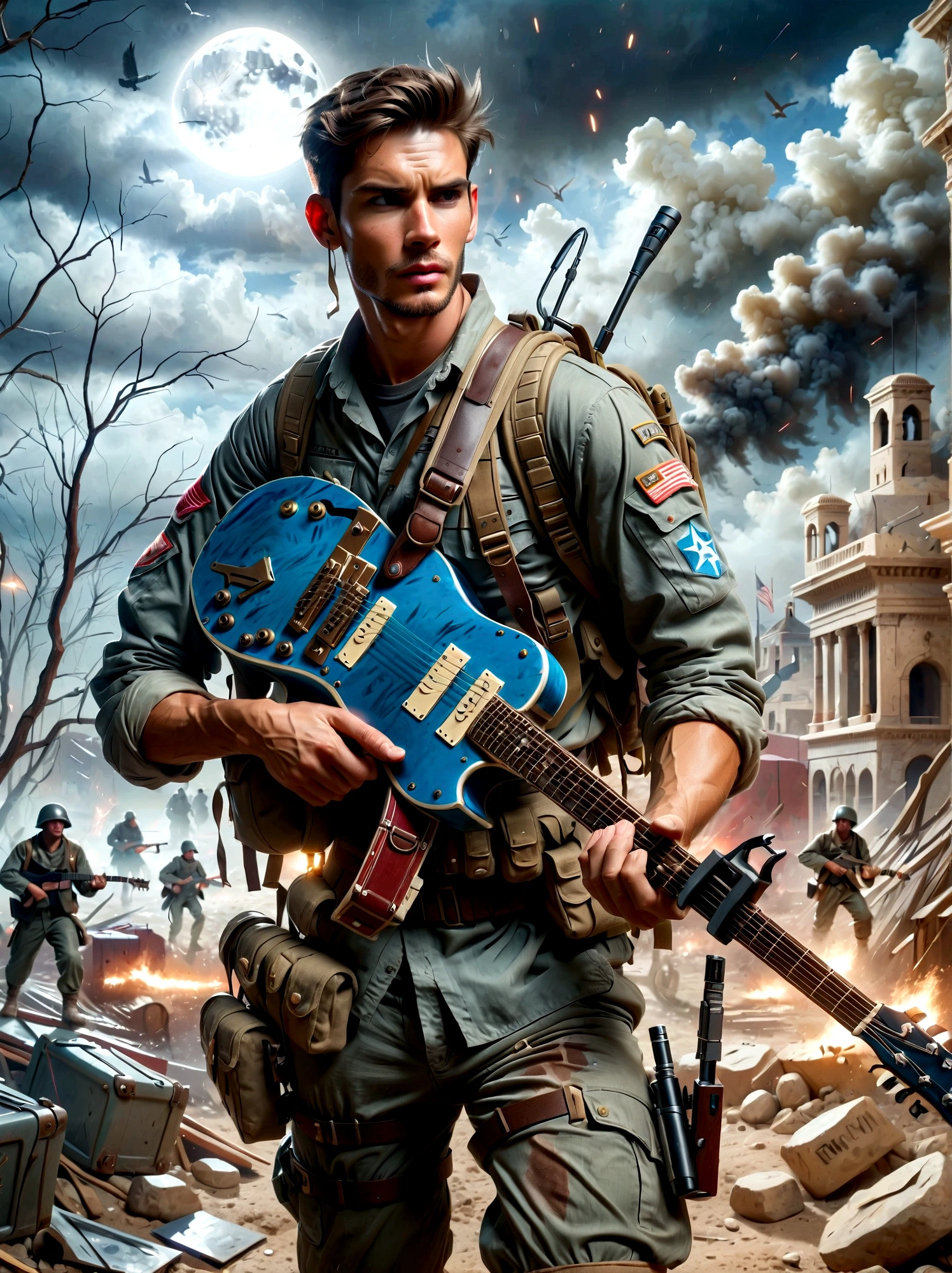 Brave soldiers,(holding an assault rifle: 1.3), (carrying a guitar on his back: 1.5), Fierce Battle,Battles with Israel's enemies,Harsh war conditions,Skirmishers,A month-long battle,battle scars,Shrapnel wounds,Medal of Honor,rugged terrain,Fierce Battle,Determined expression,Realistic details,War-torn environment,Heroic Act,Muddy and worn out,Smoke and debris,Dramatic lighting,Vivid colors,Highly detailed epic battle scenes,(masterpiece:2),best quality,Super high altitude,original,Extremely detailed,Perfect lighting。