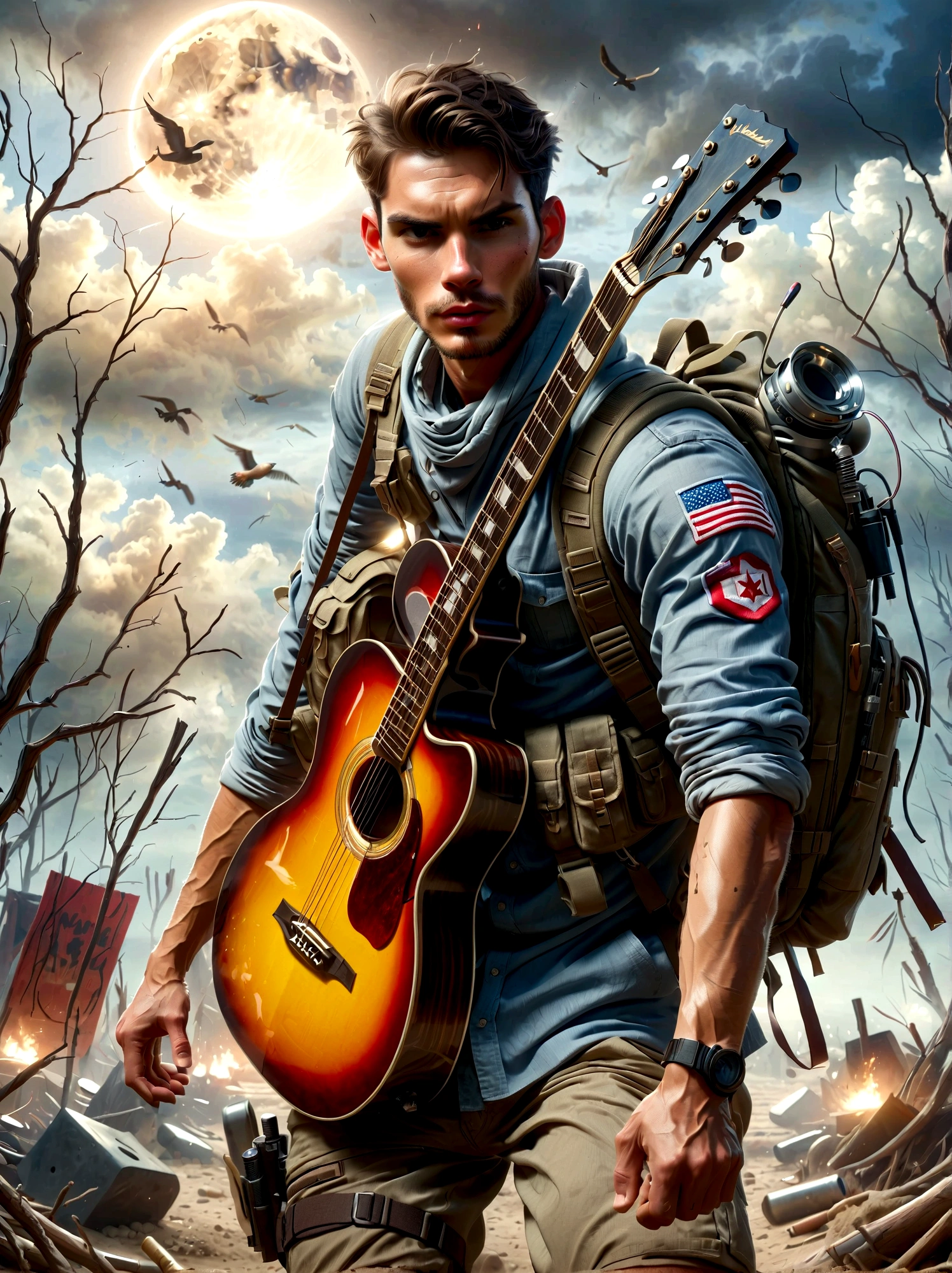 Brave soldiers,(holding an assault rifle: 1.3), (carrying a guitar on his back: 1.5), Fierce Battle,Battles with Israel's enemies,Harsh war conditions,Skirmishers,A month-long battle,battle scars,Shrapnel wounds,Medal of Honor,rugged terrain,Fierce Battle,Determined expression,Realistic details,War-torn environment,Heroic Act,Muddy and worn out,Smoke and debris,Dramatic lighting,Vivid colors,Highly detailed epic battle scenes,(masterpiece:2),best quality,Super high altitude,original,Extremely detailed,Perfect lighting。