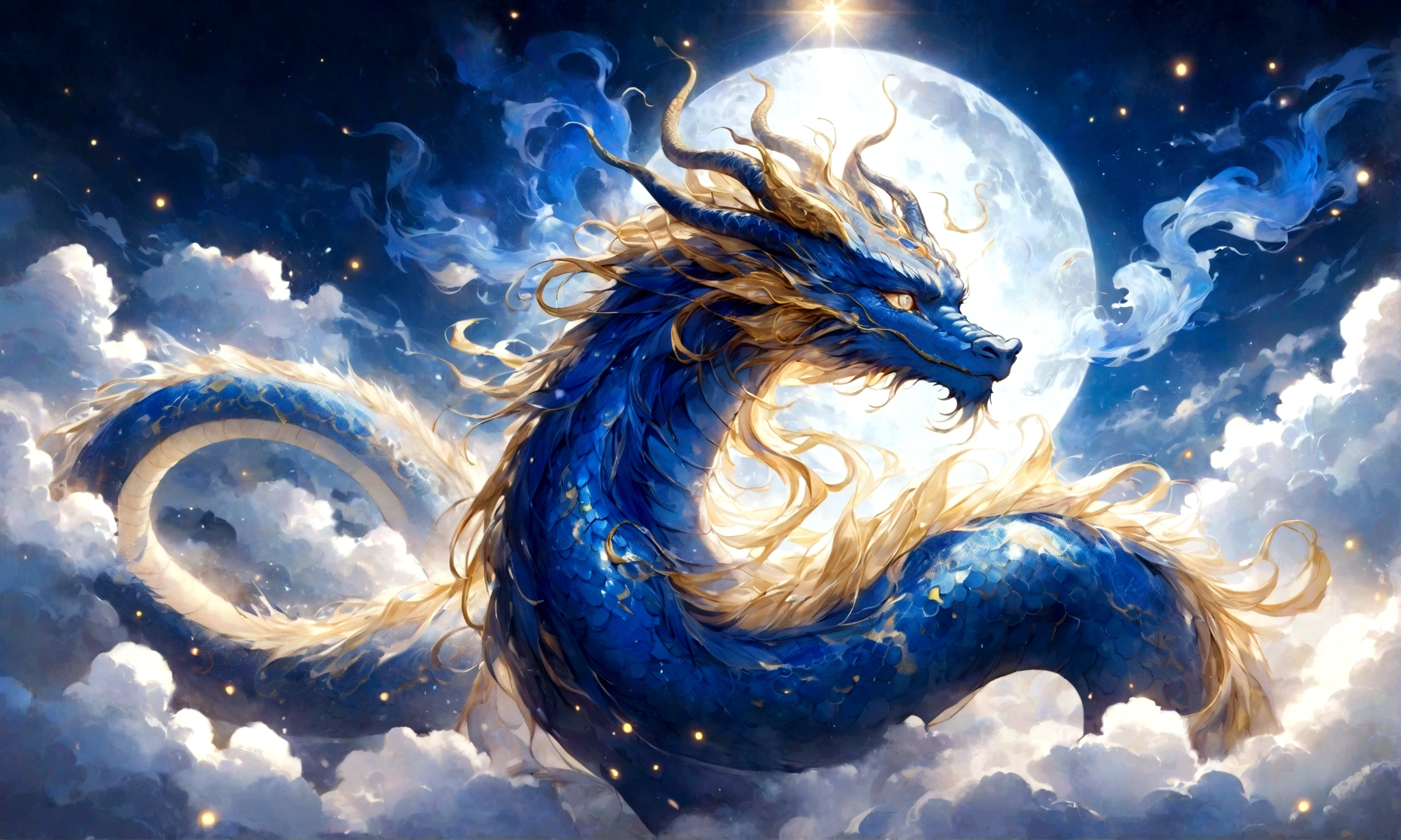 Silver dragon god, gentle gaze, fantastic background, moonlight background, sea of clouds background, golden splashes, mysterious, sacred light, mythical creature, traditional Chinese dragon, mythology, speckled light, hazy haze, mysterious aura, masterpiece, fantastic and graceful dragon, good luck, fantasy art