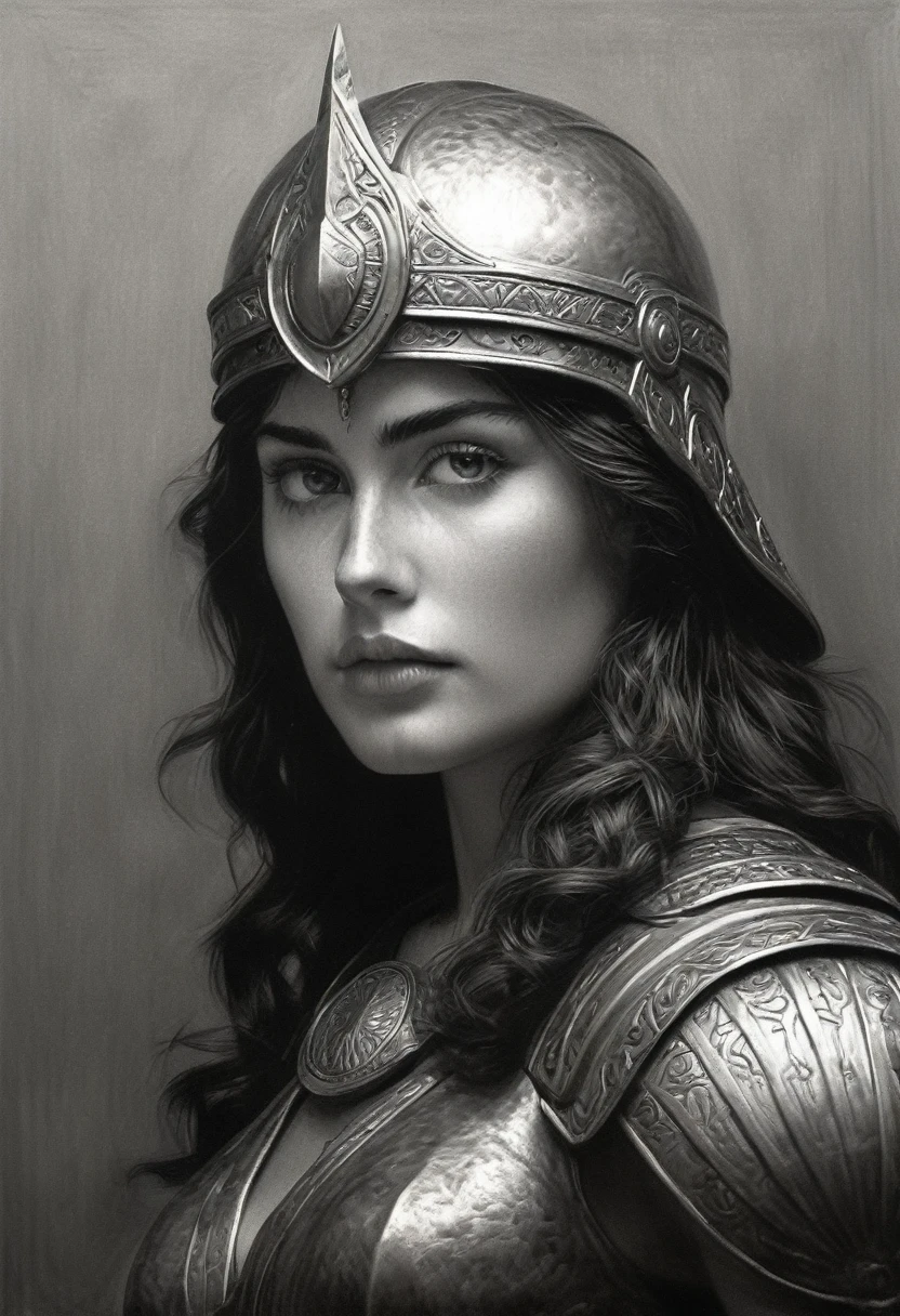 A hyper-realistic pencil drawing in grayscale of Athena, capturing the intricate details and fierce expression of the subject from a frontal perspective, similar to a portrait with a light gray background. The lighting is clear, illuminating the design without casting harsh black shadows, ensuring the subject fits perfectly within the frame. Athena is depicted wearing a helmet and holding a shield with the Aegis and a spear, emphasizing her role as the goddess of wisdom and war. The facial features exhibit the realistic shading and depth found in Michelangelo’s sculptures, highlighting the stoic determination and intellectual prowess of Athena.