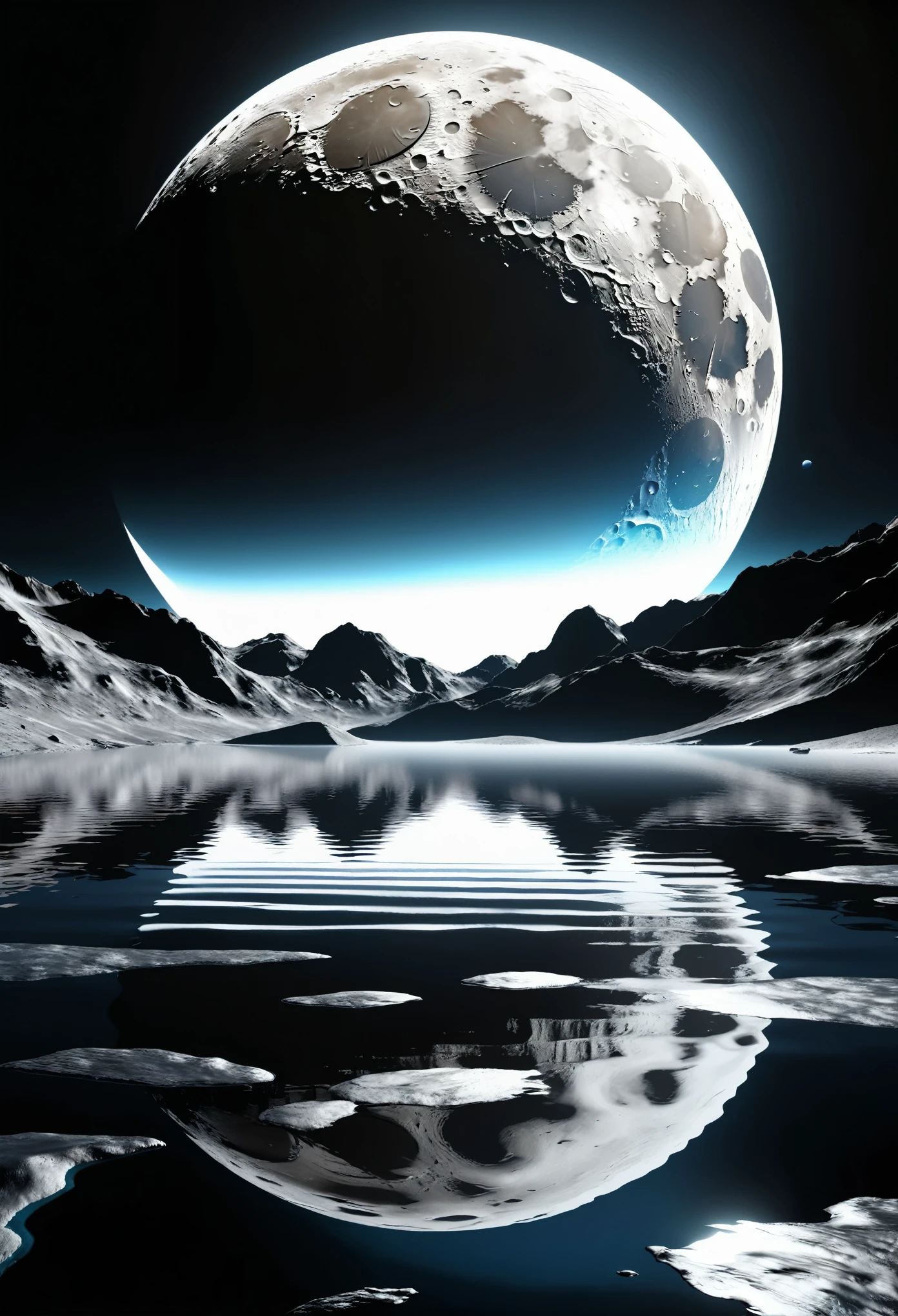 3d render of moon surface with reflection on water, black and white, high contrast, hyper realistic, cinematic