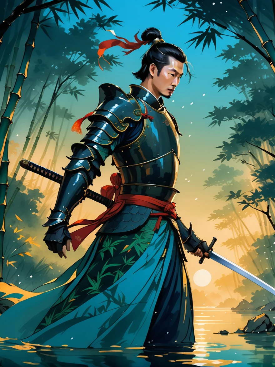 Ink Painting,Male knight on the water,Wearing intricate Chinese Tang Dynasty Mingguang armour,Bamboo forest behind,sword,landscape,Ultra-high resolution,Freehand Style,Majestic,Natural light,Night Focus