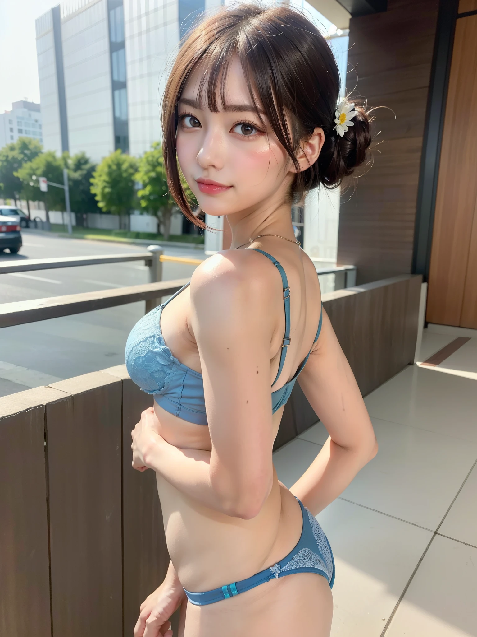 ((Best of the highest quality, 8k, Masterpiece: 1.3, raw photo)), Sharp focus: 1.2, (1 AESPA, slim body type female, 21 y/o: 1.1), (Solo: 1.2), (realistic, photo-realistic:1.37), face focus, cute face, finely eyes, (droopy eyes: 1.32), (Emphasize prominent aegyo-sal with bright: 1.2), shimmering eyeshadow applied under the lower lash line, paired with thick, (from behind: 1.16), (small breasts, flat chest, Thigh: 1.3), (short messy hair, bangs, updo: 1.2), (bra top, neat panties: 1.32), walking terrace office, sun light, flower