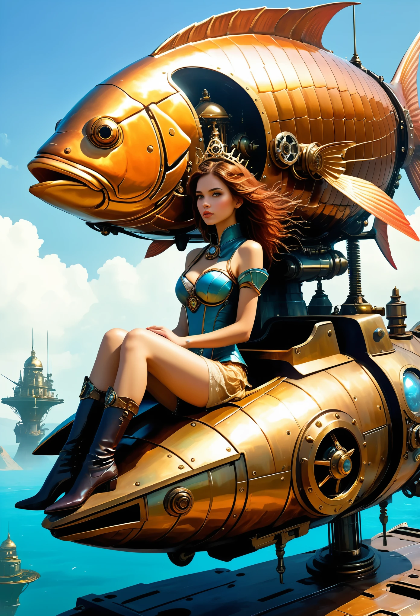 A princess sitting on top of an armored, futuristic mechanical vehicle shaped like the head and body of two large fish, steampunk style, fantasy art style painting, concept art in the style of Craig Mullins, character design