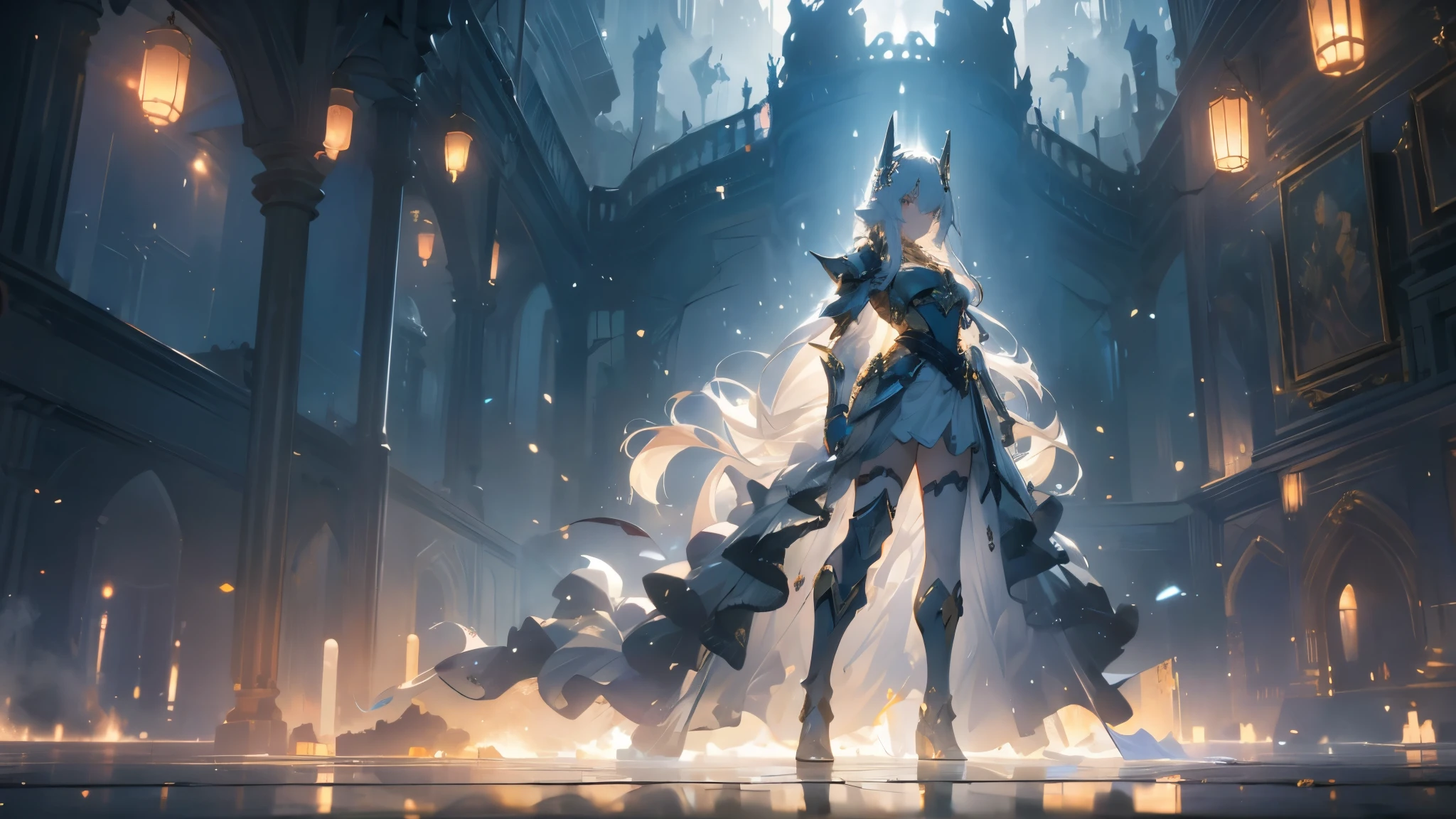 ((masterpiece, best quality)), Epic battlefield atmosphere，Water Ripples，Delicate face，Depicts a beautiful knight with long, flowing white hair，whole body，Standing picture，glowing golden eyes，She was wearing white armor，Perfect body proportions