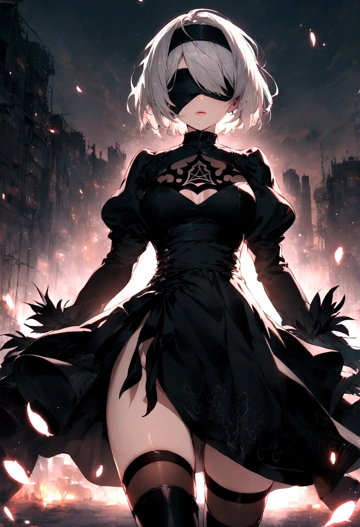 masterpiece, best quality, very aesthetic, absurdres,
2b_(nier:automata), nier:automata, nier_(series), 1girl, short_hair, white_hair, covered_eyes, black_blindfold, black_dress, black_hairband,dress, feather-trimmed_sleeves, feather_trim, gloves, juliet_sleeves, long_sleeves, puffy_sleeves, thighhighs, thighhighs_under_boots, night landscape of city