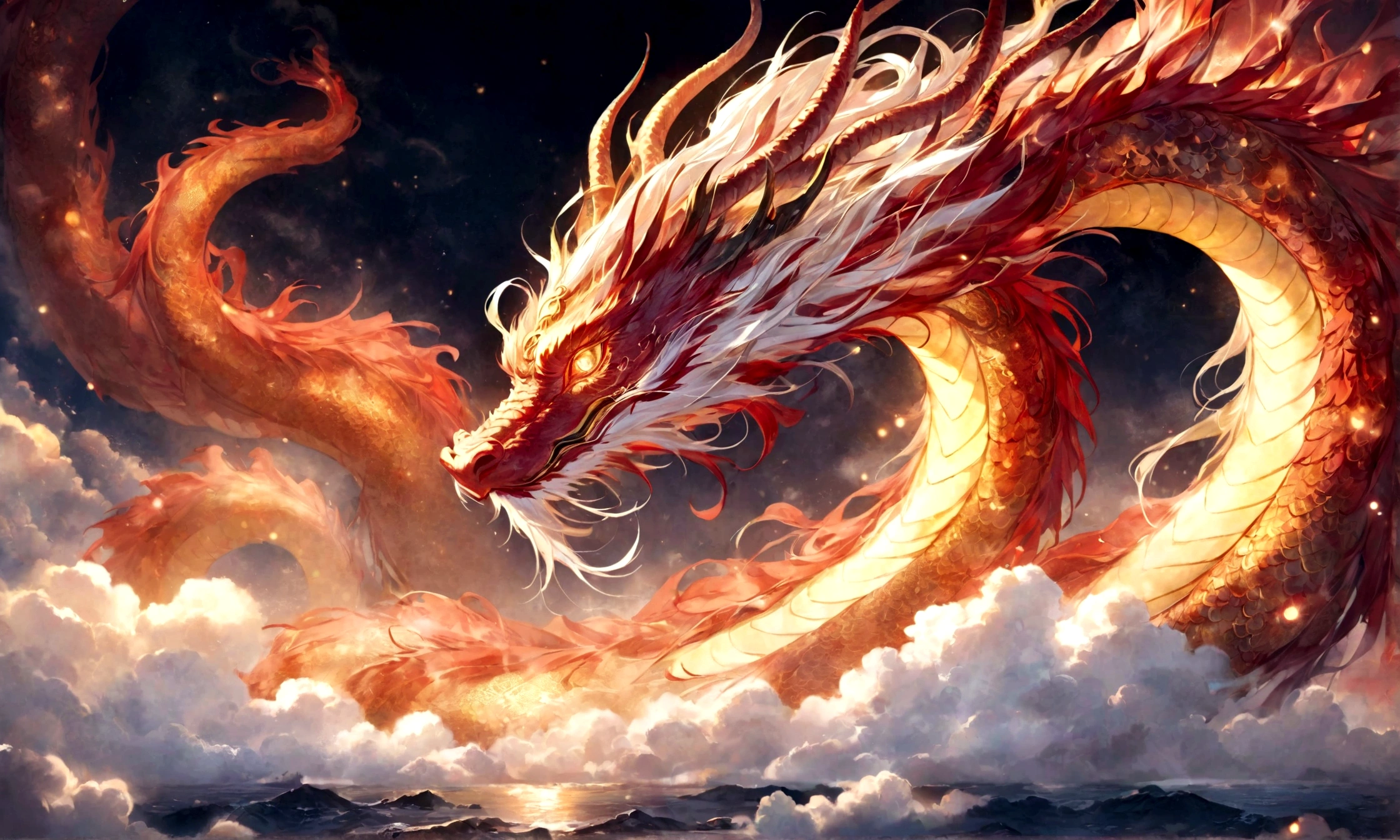 Crimson dragon god, gentle gaze, fantastic background, moonlight background, sea of ​​clouds background, golden splashes, mysterious, sacred light, mythical creature, traditional Chinese dragon, mythology, speckled light, hazy haze, mysterious aura, masterpiece, fantastic and graceful dragon, good luck, fantasy art