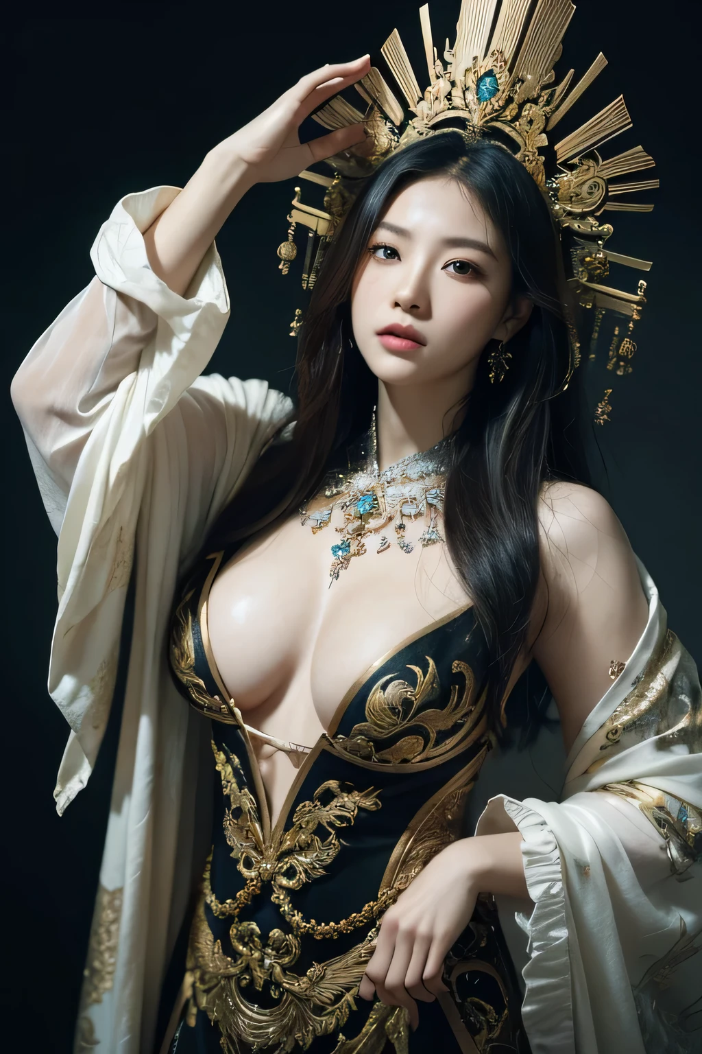 By Jason Chan, A sharp-faced, beautiful Asian woman, Wild Immortals, danced amidst the swirling mist., Each one is decorated with life., Heavenly clothes, Gathering the power of lonely nature, (Gorgeous background, full of details:1.2), (technology, Futurist:1.2), Baroque Cybernetics, Baroque-inspired aesthetic combined with cybernetic elements., complicated details with a Futuristic edge, The complexity of ornamental plants, (Masterpiece, complicated details:1.2), look at viewer, dynamic poses, Nicola Samori's style