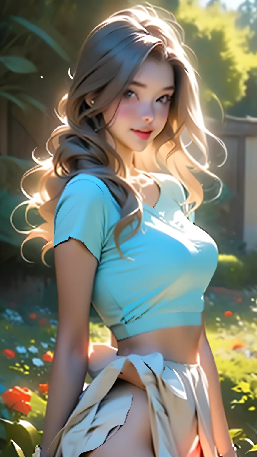 Pixel Art Generates beautiful and serene garden images, With colorful flowers, Gentle creek, and the sounds of nature. Showing calm, Life, And the beauty of a perfect day. {high quality}, Octane Rendering, Ultra HD, Depth of written boundary, amazing, Cinematic,One girl, Cute Face, alone, feiyufu, masterpiece, 最high quality, high quality, High resolution, Big Tits, ((Face close-up)), ((Pastel blue short skirt))、((White shirt))