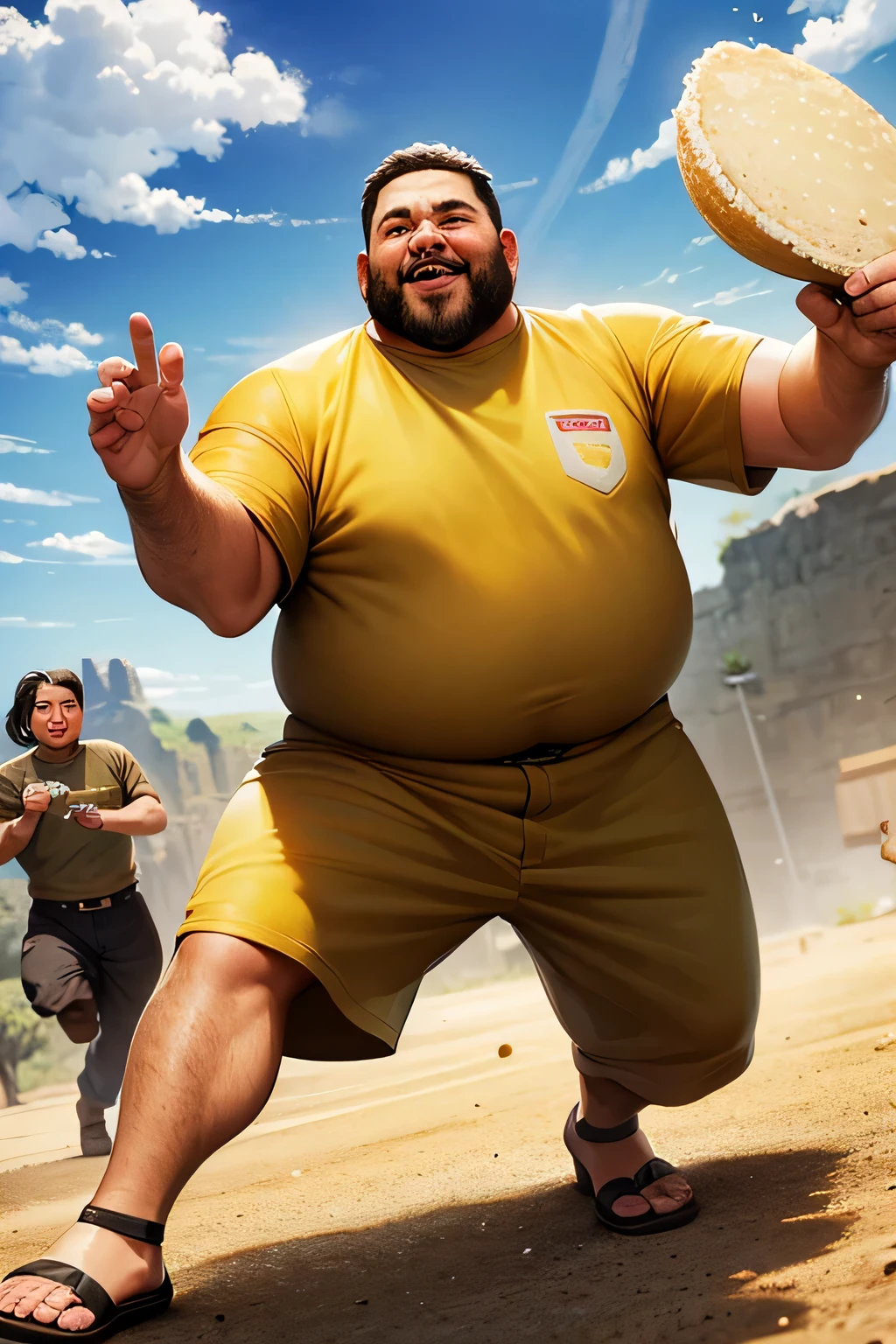 A fat middle-aged man eating rice balls in the desert is attacked by armed dogs