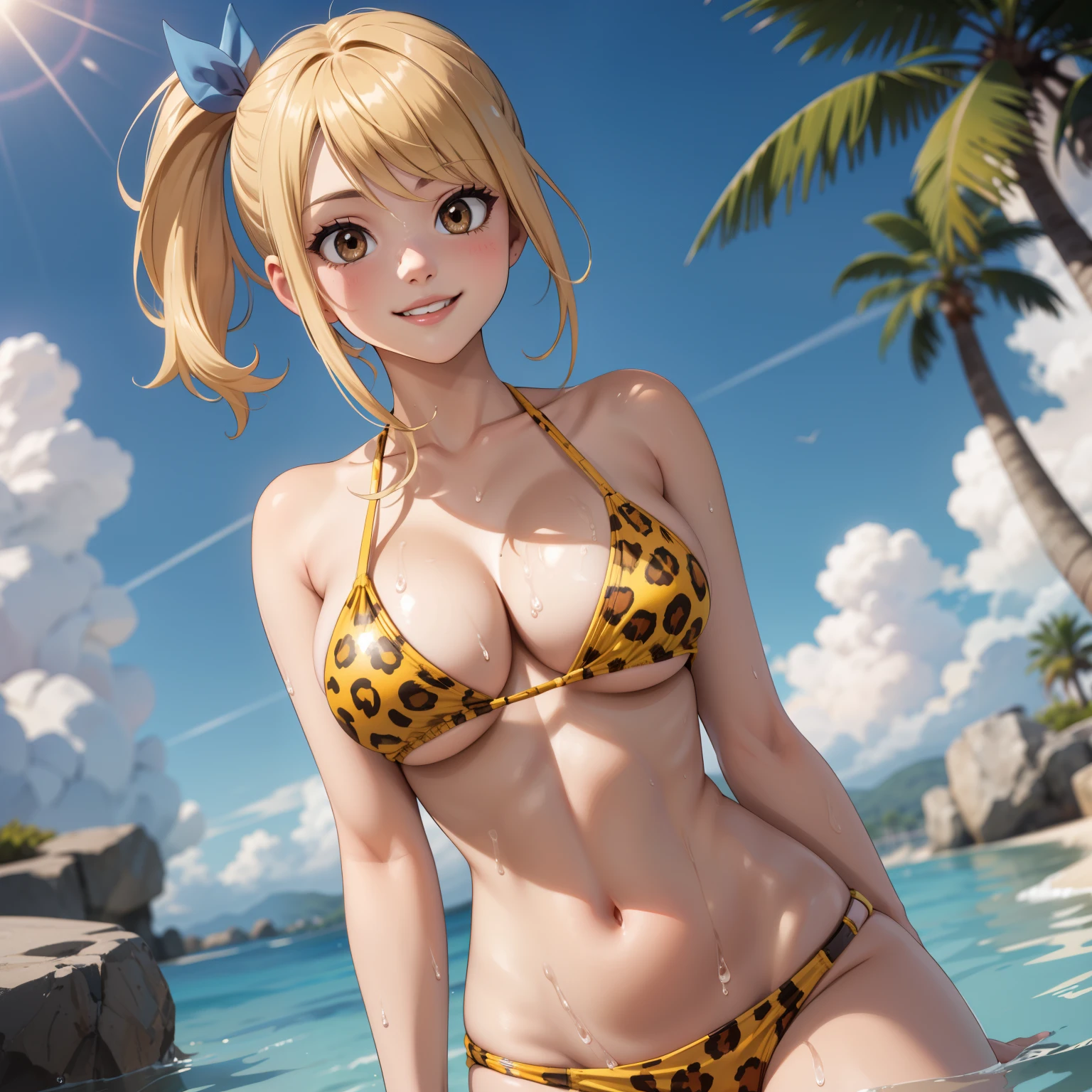 Lucy Heartfilia,  Female 27 years old, cabello rubio, Brown eyes ,sonrisa, yellow leopard bikini, gotas de agua en su pecho, fondo un balneario. sunny day. cuerpo completo. rubia, pelo rubio 1 sola mujer , chica sola, pechos grandes,  cuerpo mojado.