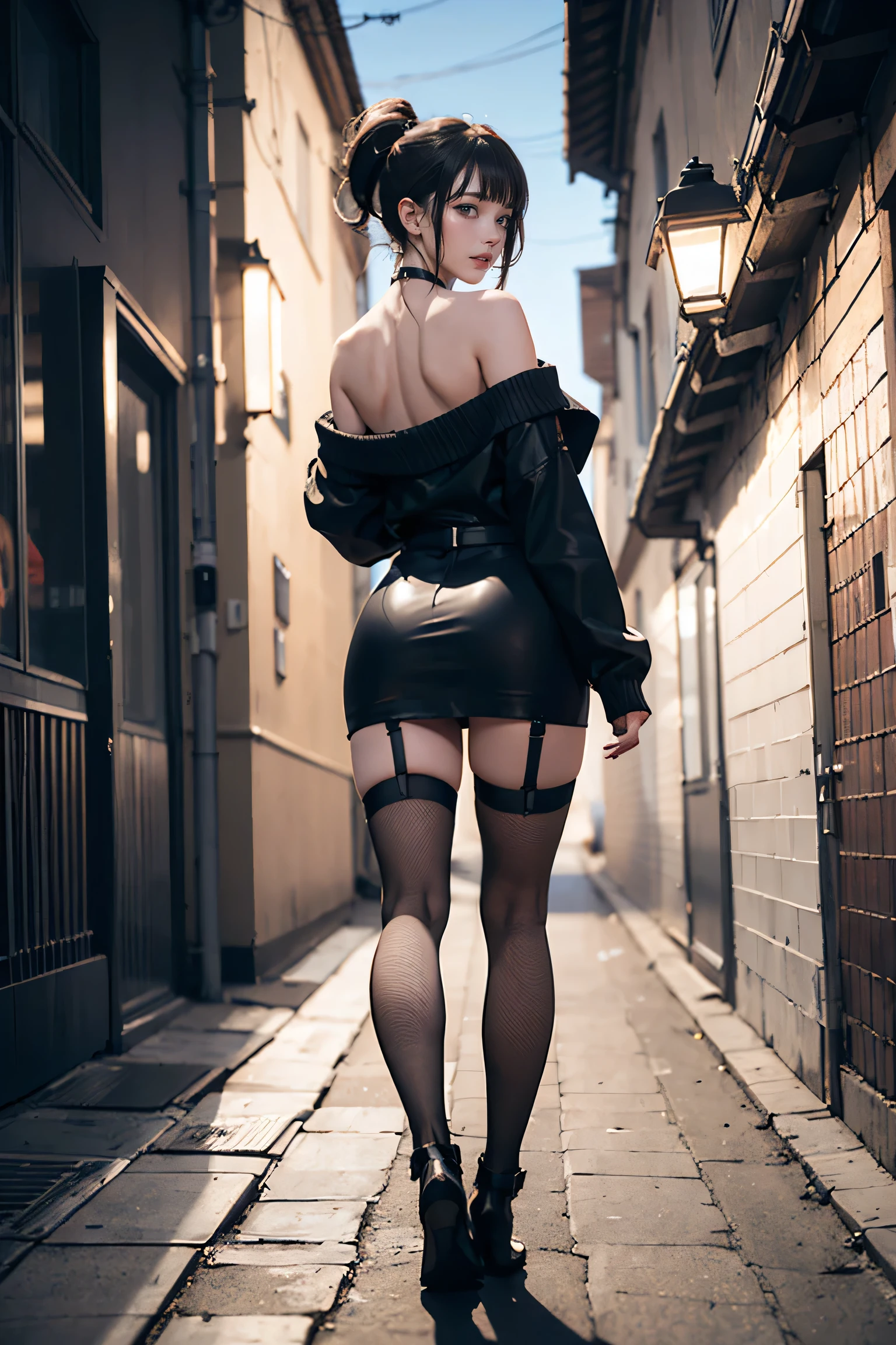 (((nsfw0.8))),Looking into the camera,(((Highest quality, 8K, masterpiece))), ponytail,Sharp focus, (Beautiful woman with perfect figure), thin, (Hairstyle: wonderful)), ((Back alley at night)), street: 1.2 Highly detailed face and skin texture Detailed eyes double eyelid random pose, (smile), Realistic Face, double eyelid,smile, cyberpunk city , At sunset , Beautiful Teeth , Thigh straps, Wear a leather jacket、Off-the-shoulder sweater、Grey vertical rib sweater dress、Fishnet tights、garter belt、Night view、Full Body Shot, Centered,