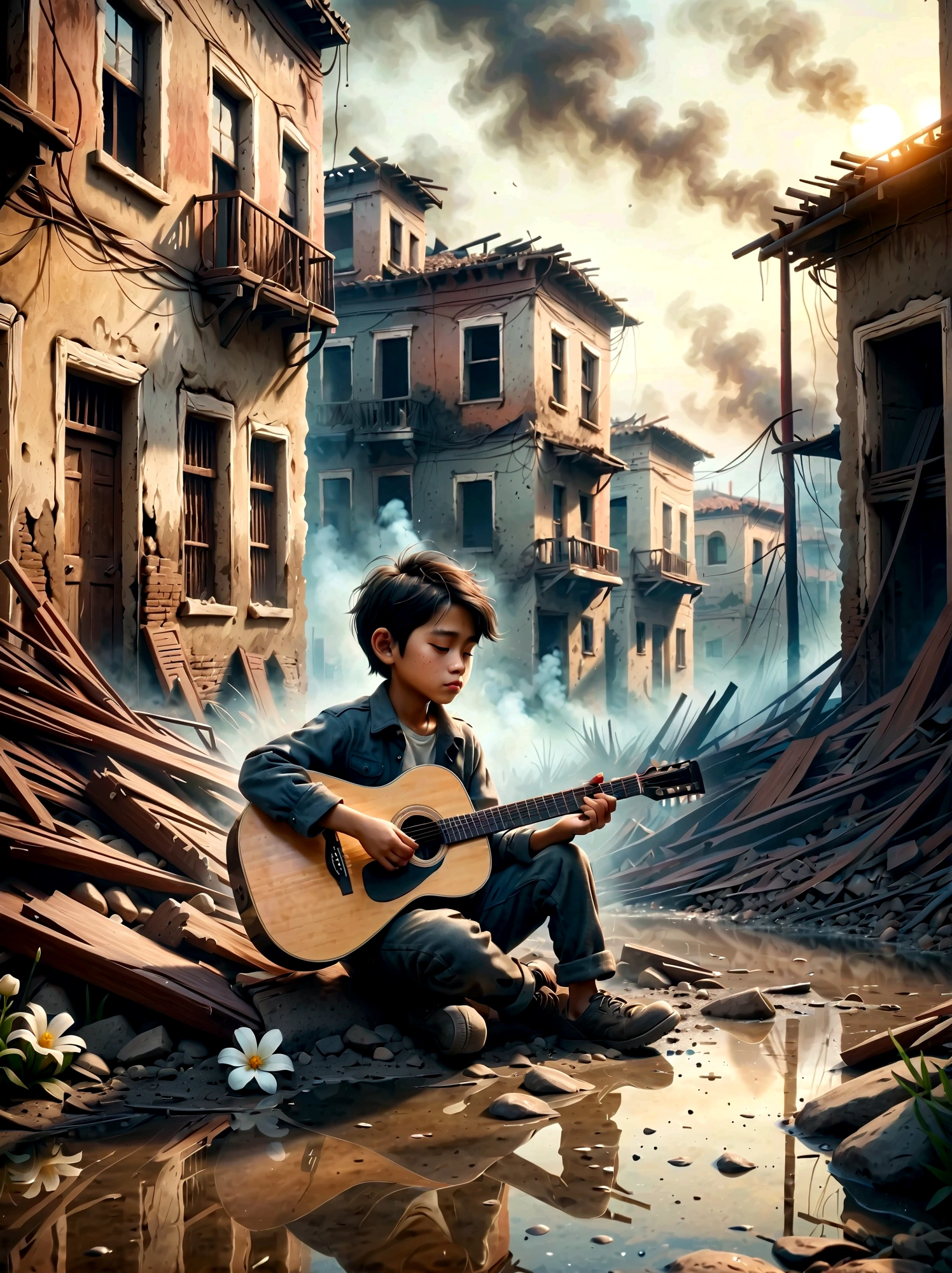 In the midst of war, Smoggy ruins, A child is playing guitar. This scene captures the stark contrast between the devastation of the surroundings and the innocence of the people。 . The ruins are full of rubble and buildings, Background with smoke and flames. The child's expression is very gloomy, Reflects the harsh reality. The overall atmosphere is poignant and touching, Use soft colors and dramatic lighting to emphasize the desolation and hope that the music represents..A small white flower bloomed on the muddy ground